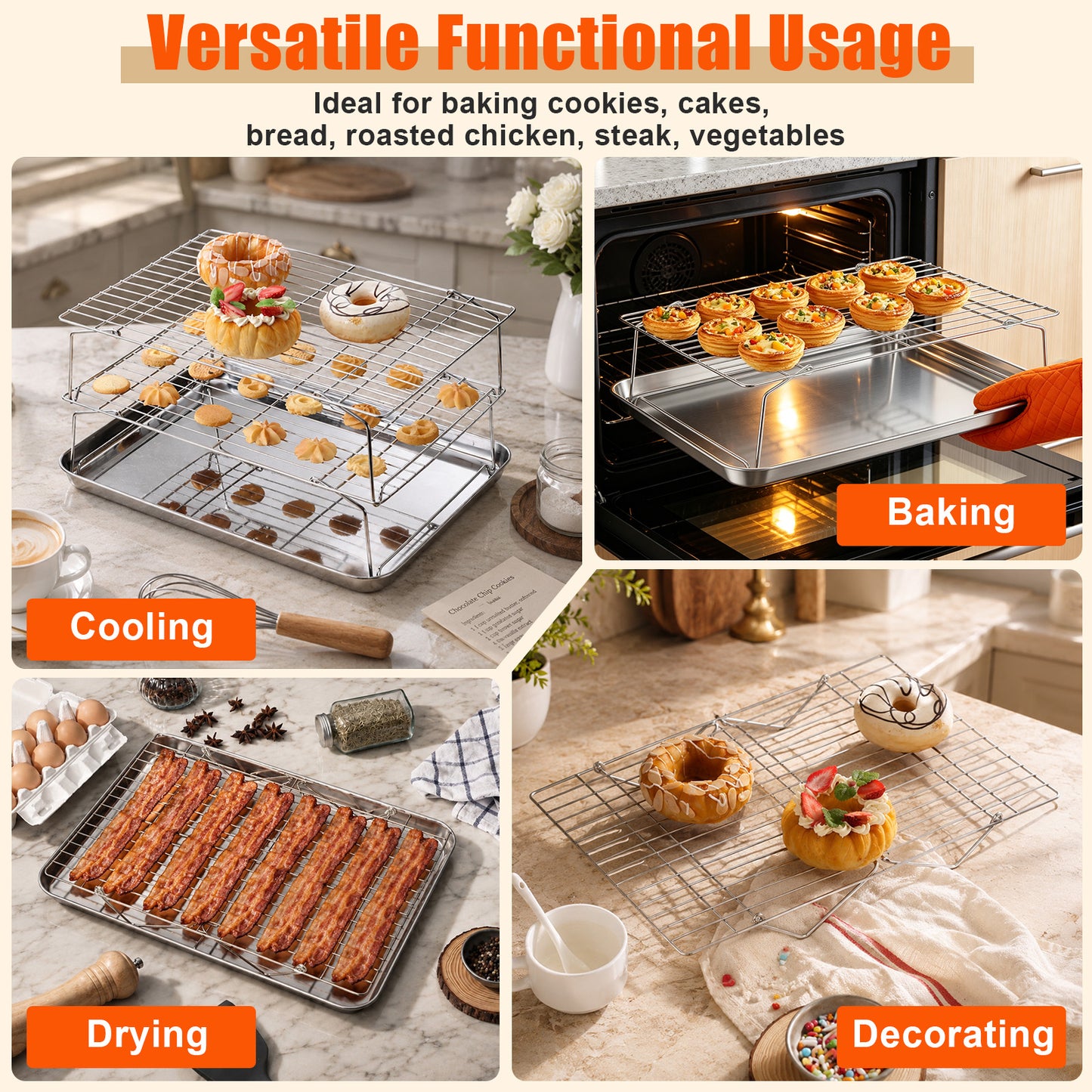 Vesteel 2-Tier Stainless Steel Cooling Racks, Stackable Baking Cooking Racks for Bread Cookie Cakes, Wire Racks with Folding Legs, Oven & Dishwasher Safe, 16.5’’ x 11.4’’