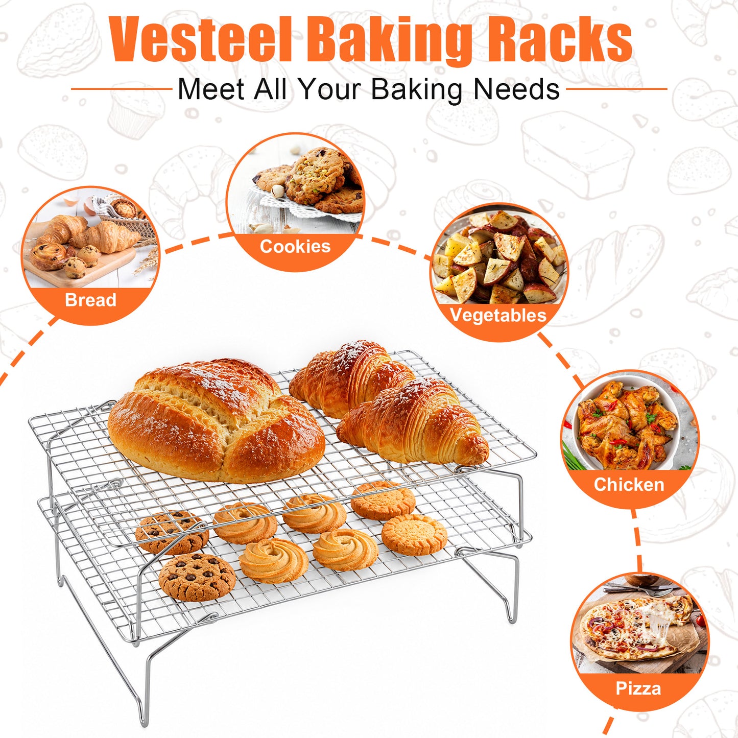 Vesteel 2-Tier Cooling Racks, Stainless Steel Stackable Grid Baking Racks, Collapsible Wire Racks for Cooking Grilling Roasting, Oven & Dishwasher Safe, 15’’ x 10’’