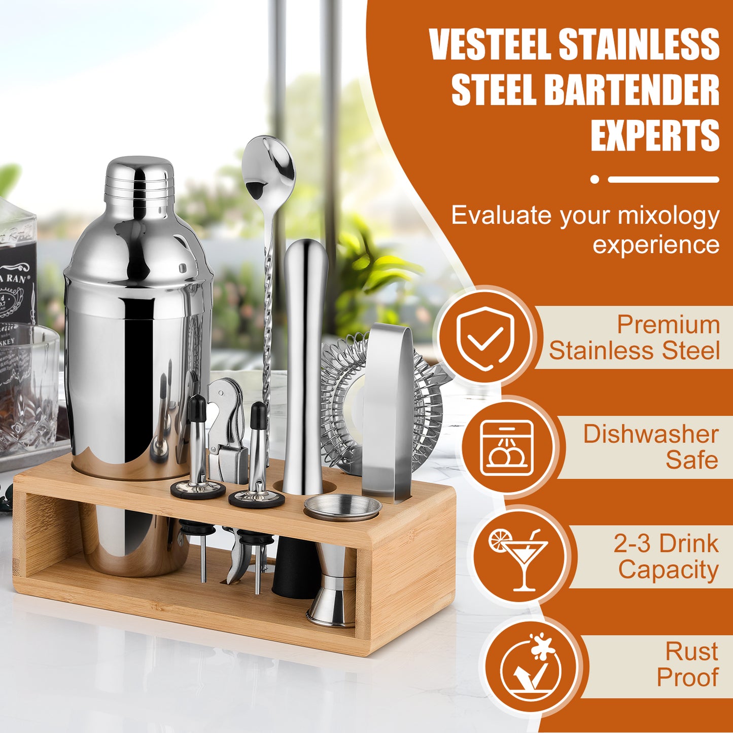 Vesteel Cocktail Shaker Set, 10Pcs Mixology Bartender Kit with Bamboo Stand, Bar Tool Set for Cocktail with Shaker, Jigger & Muddler, Bar Set, Silver