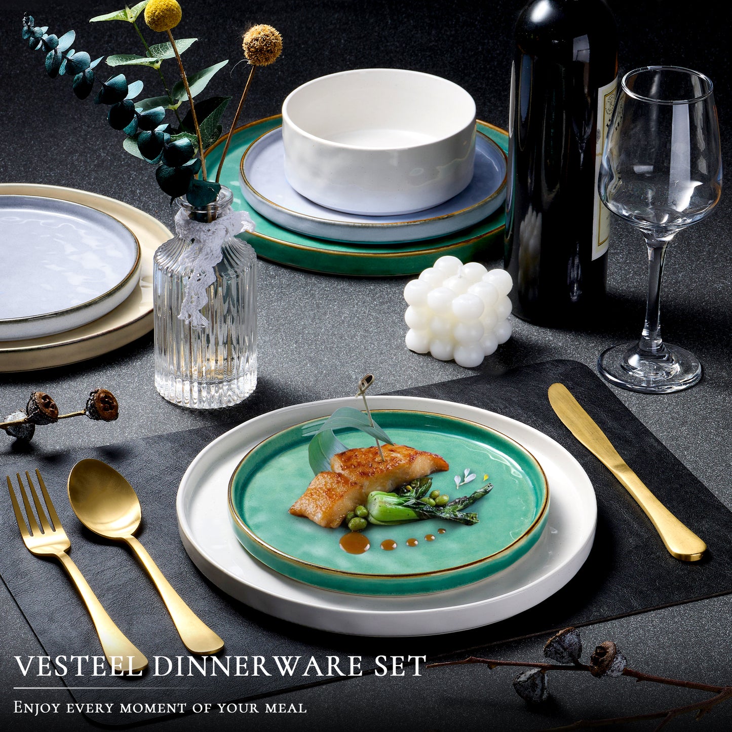Vesteel Dinnerware Sets, 12-Piece Stoneware Plates and Bowls Set, Dishes Set for 4, Elegant Ceramic Dinnerware for Home Restaurant - Multi-color