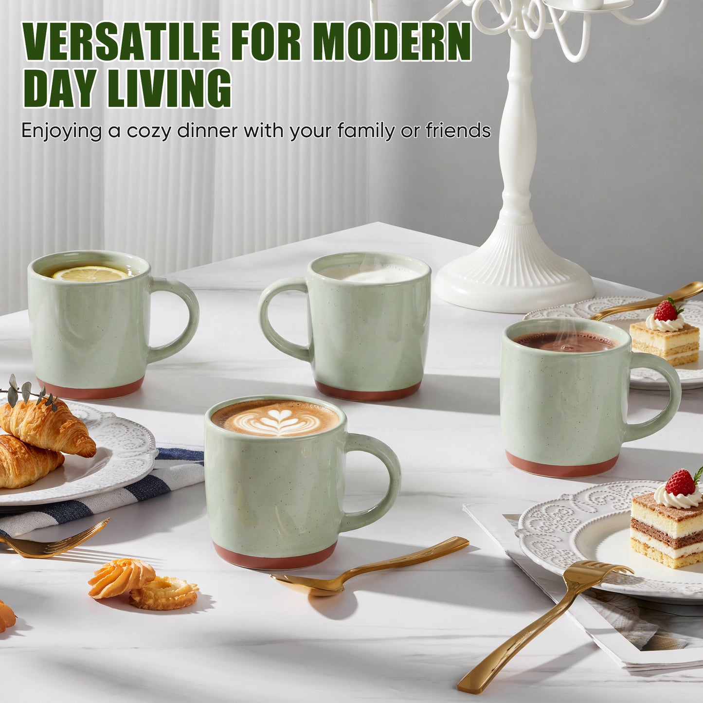 Vesteel Coffee Mugs Set of 4, 12oz Ceramic Coffee Cup with Handle, Modern Stoneware Mugs for Latte, Cappuccino, Cocoa, Dishwasher & Microwave Safe, Light Green