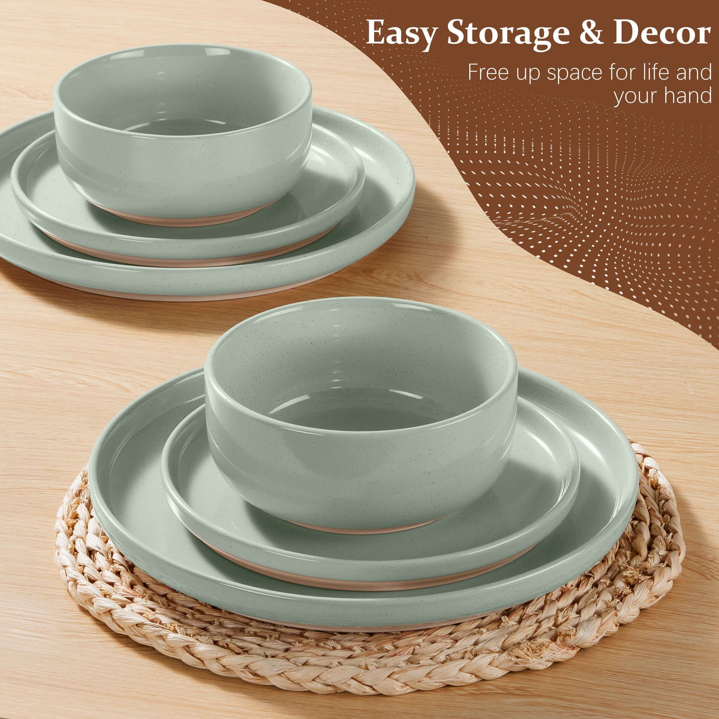Vesteel Stoneware Dinnerware Sets for 2, 6 Pieces Ceramic Plates and Bowls Sets, Elegant Dishes with Rustic Terracotta Base, Dishwasher & Microwave Safe, Scratch Resistant, Light Green