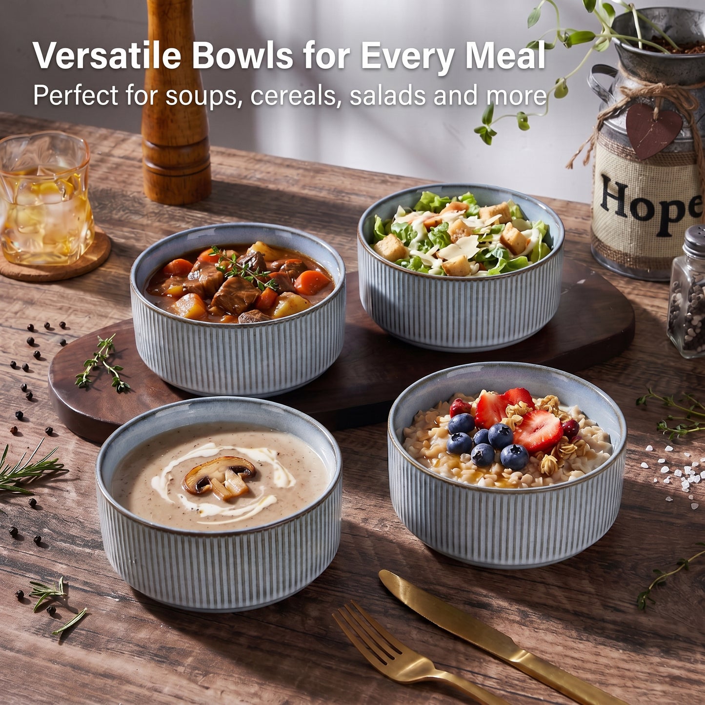 Vesteel Cereal Bowl for 4, 26oz Stoneware Soup Bowls with Textured Stripes, 4-Piece Ceramic Kitchen Bowls for Salad Fruit Pasta Soup, Dishwasher Safe & Microwave Safe, Smoky Blue