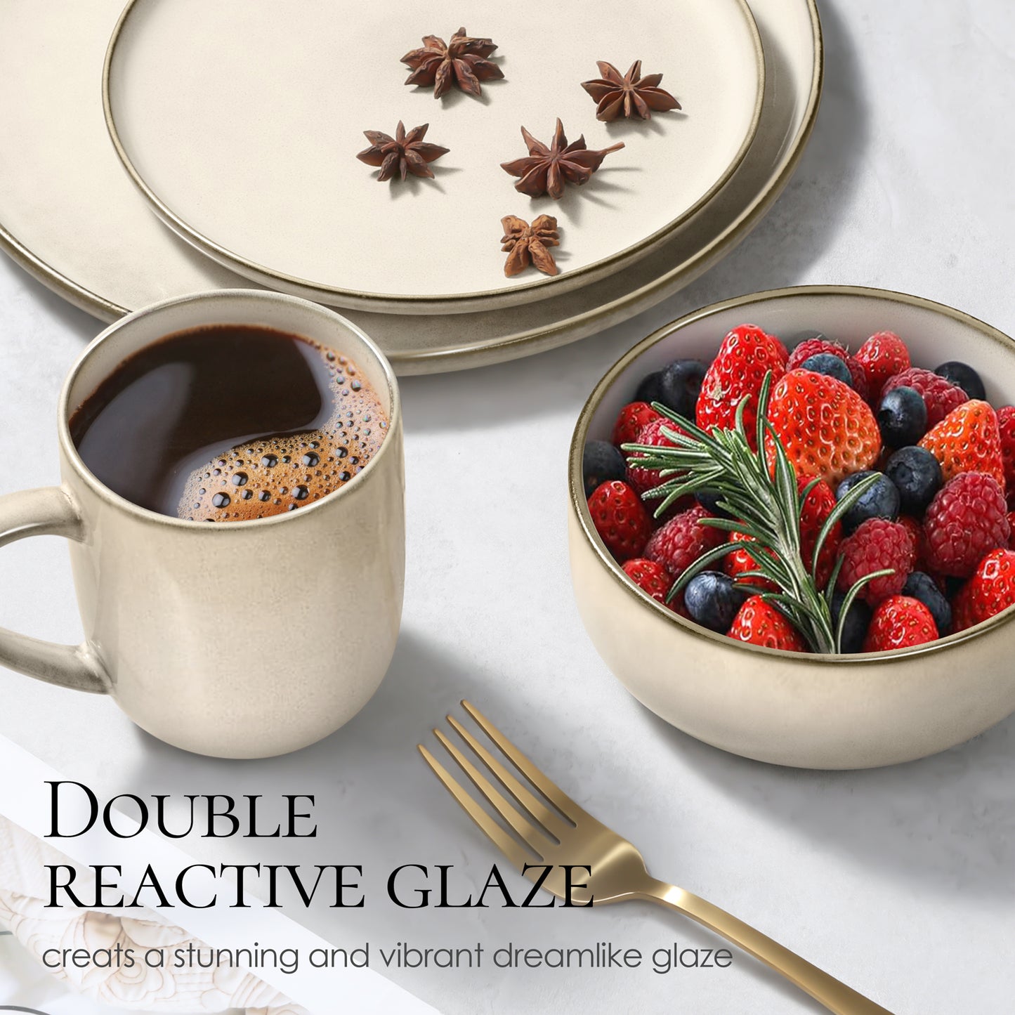 Vesteel Dinnerware Sets for 4, 16-Piece Stoneware Dish and Bowls Set, Handmade Reactive Glaze Coupe Plates Set, Chip & Scratch Resistant - Khaki
