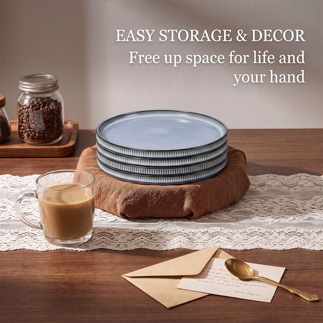 Vesteel Salad Plate for 4, 8 inch Stoneware Dinner plates with Textured Stripes, 4-Piece Ceramic Kitchen Plates for Dessert Salad, Dishwasher Safe & Microwave Safe, Smoky Blue