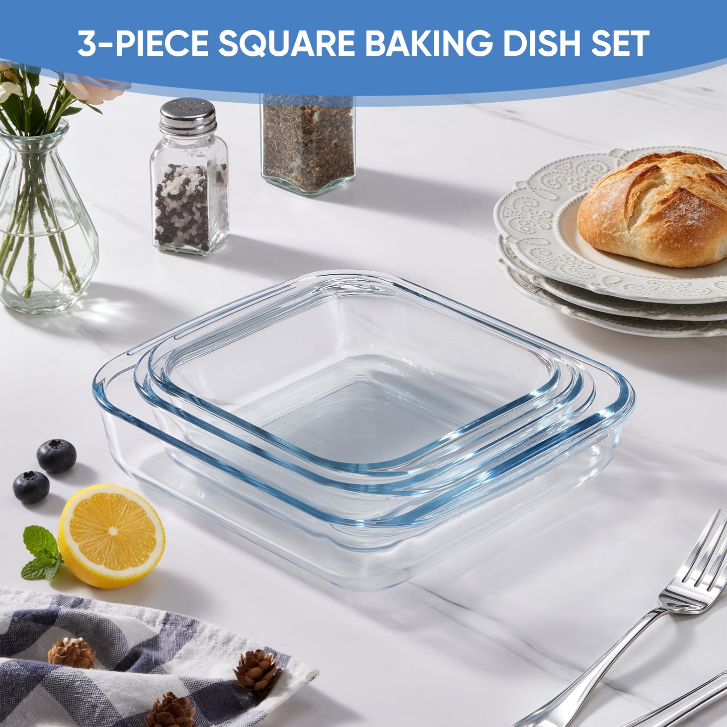 Vesteel 3-Piece Glass Baking Dish Set, Square Baking Tray with Handles, Non-Stick Glass Bakeware Set Kitchen Casserole Dishes for Prepping and Baking, Heat-Resistant & Oven Freezer Dishwasher Safe