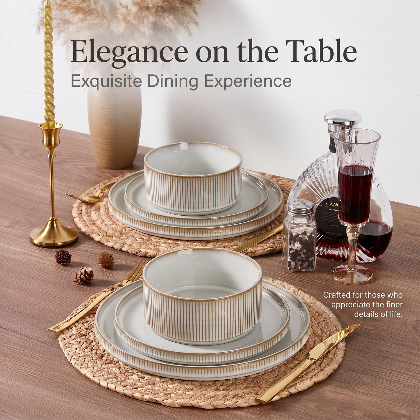 Onader 8-Piece Stoneware Dinnerware Set, Vertical Striped Reactive Glaze Plates and Bowls Sets for the Kitchen, Microwave & Dishwasher Safe, Beige
