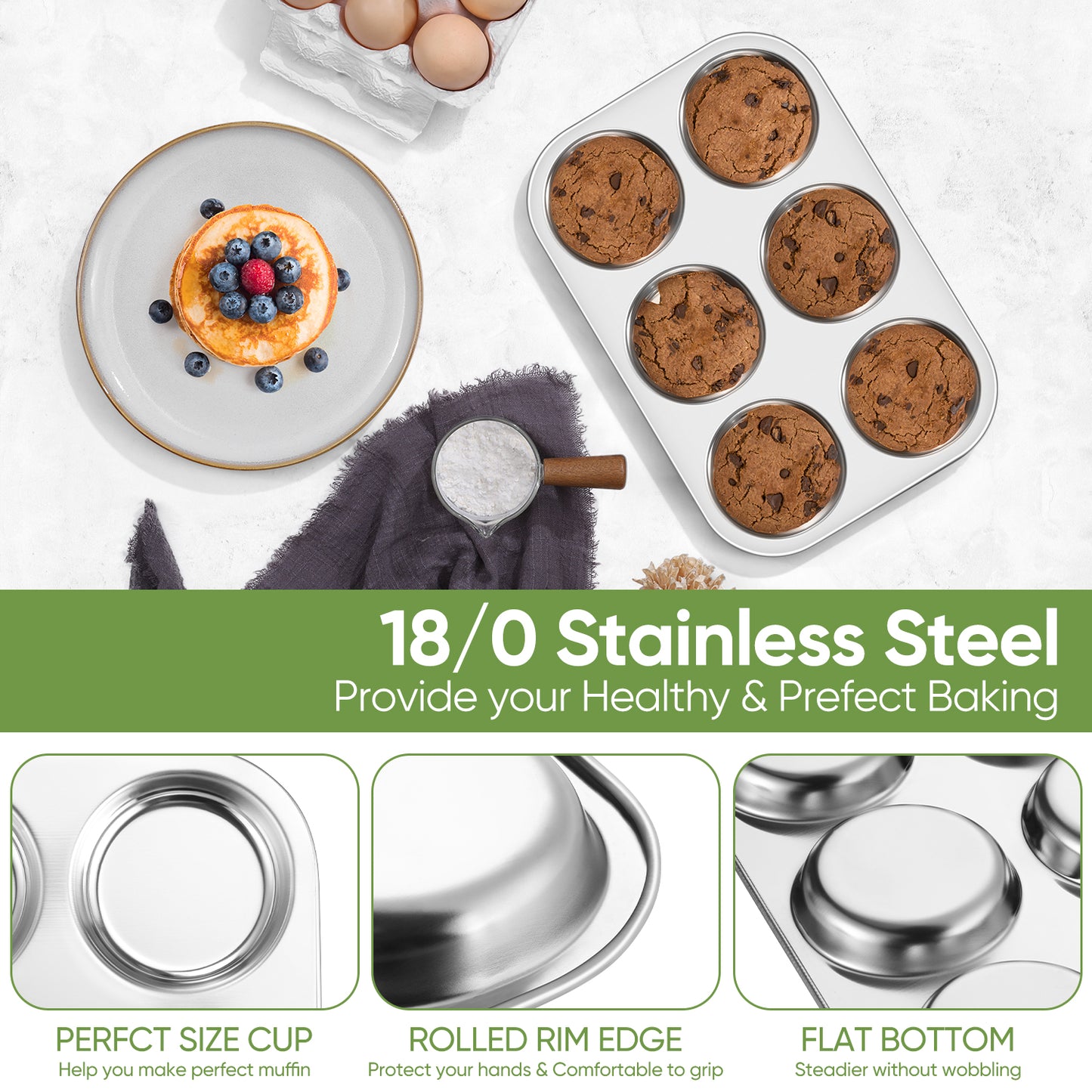 Vesteel 6-Cup Muffin Pan, Stainless Steel Cupcake Pan Metal Muffin Baking Tins for Oven, Non-toxic & Dishwasher Safe