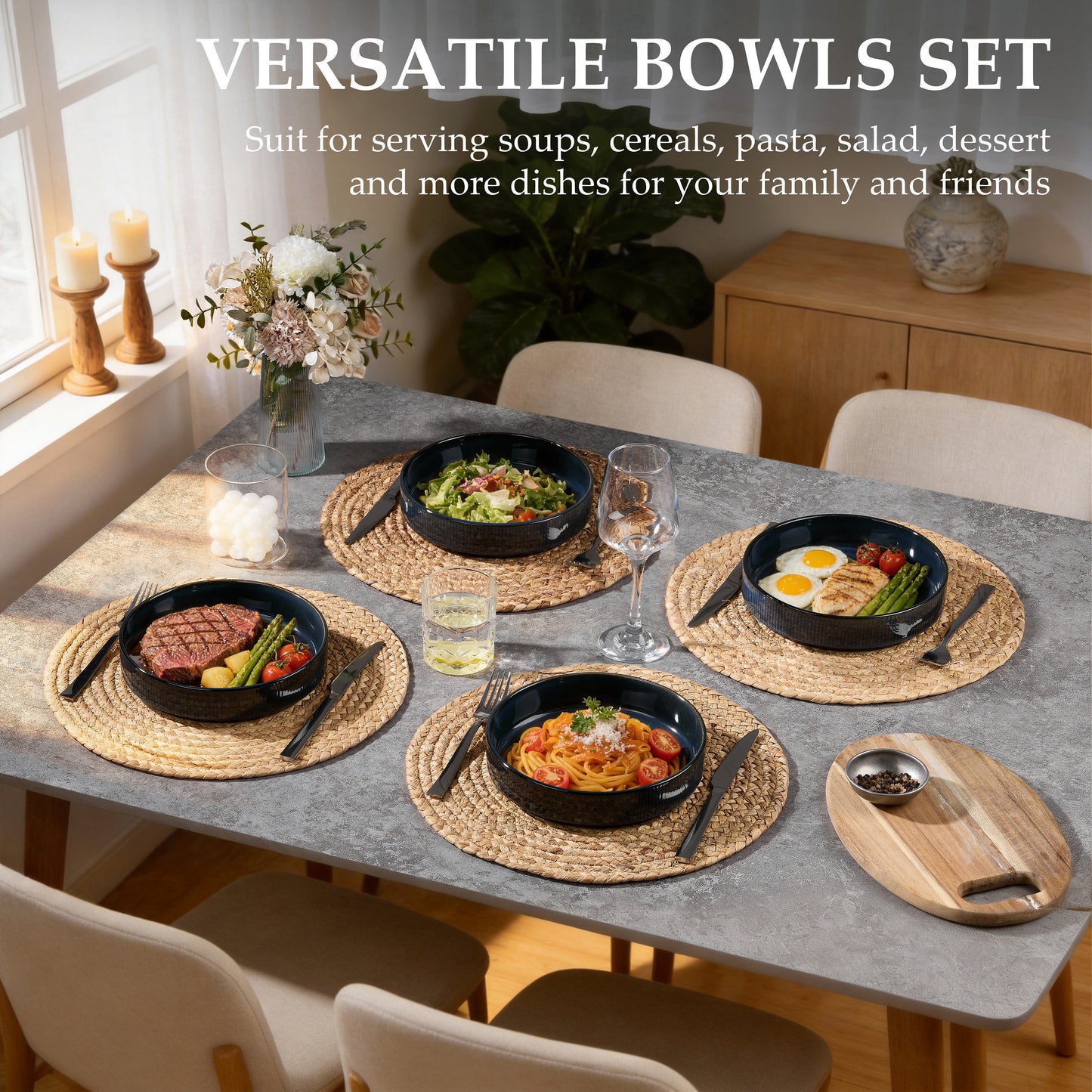 Vesteel Pasta Bowls Set of 4, 32oz Large Salad Bowls for Dinner Serving Soup, Ceramic Stoneware Pasta Plates with Textured Stripes, Microwave & Dishwasher Safe, Ocean Blue