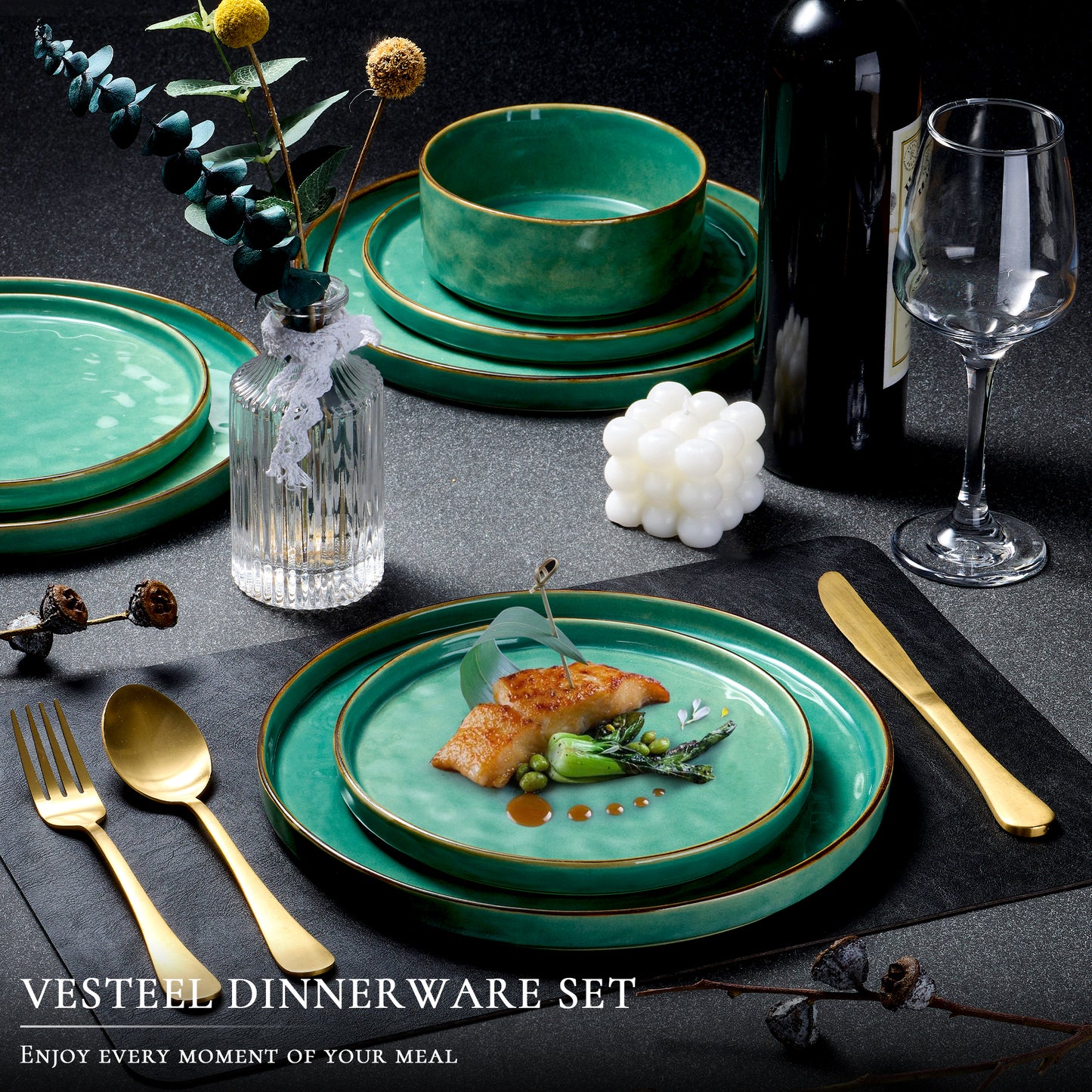 Vesteel Dinnerware Sets, 12-Piece Stoneware Plates and Bowls Set, Dishes Set for 4, Elegant Ceramic Dinnerware for Home Restaurant - Jade Green