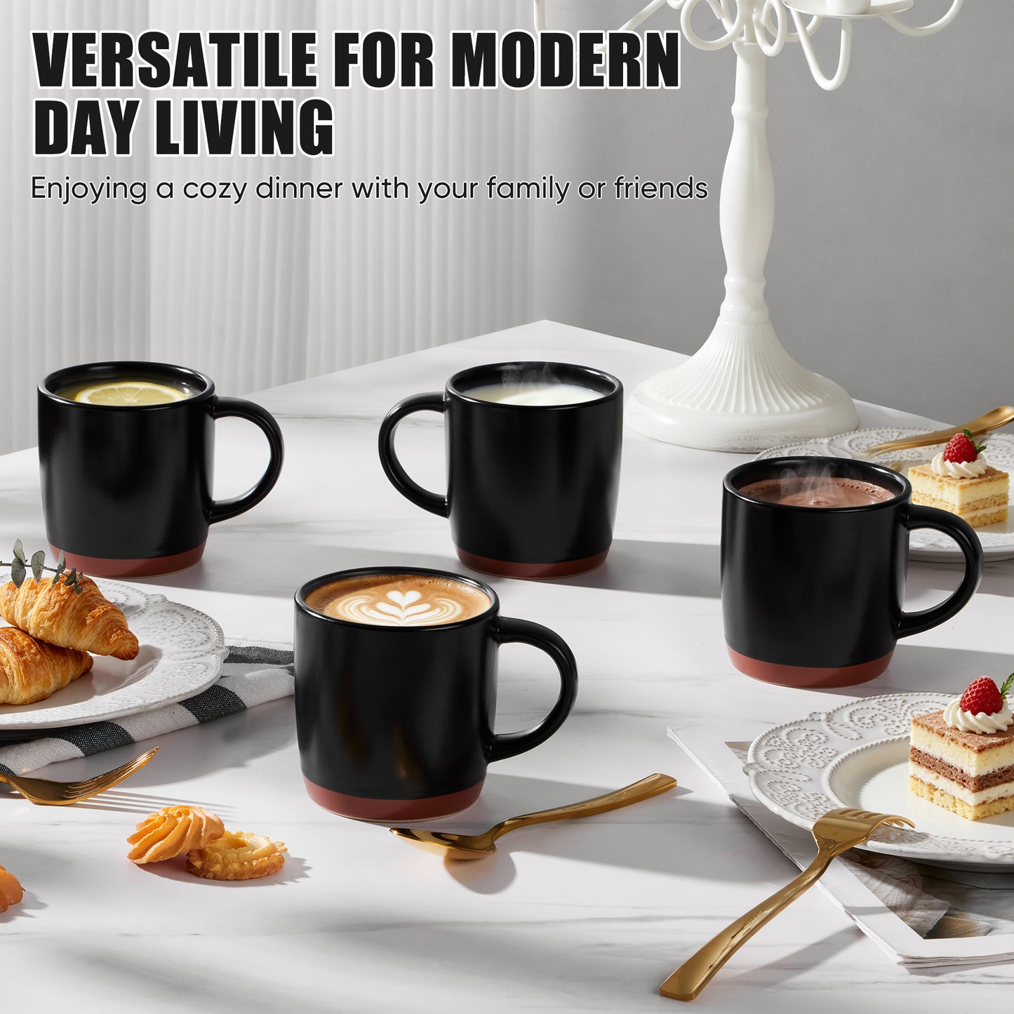 Vesteel Coffee Mugs Set of 4, 12oz Ceramic Coffee Cup with Handle, Modern Stoneware Mugs for Latte, Cappuccino, Cocoa, Dishwasher & Microwave Safe, Matte Black