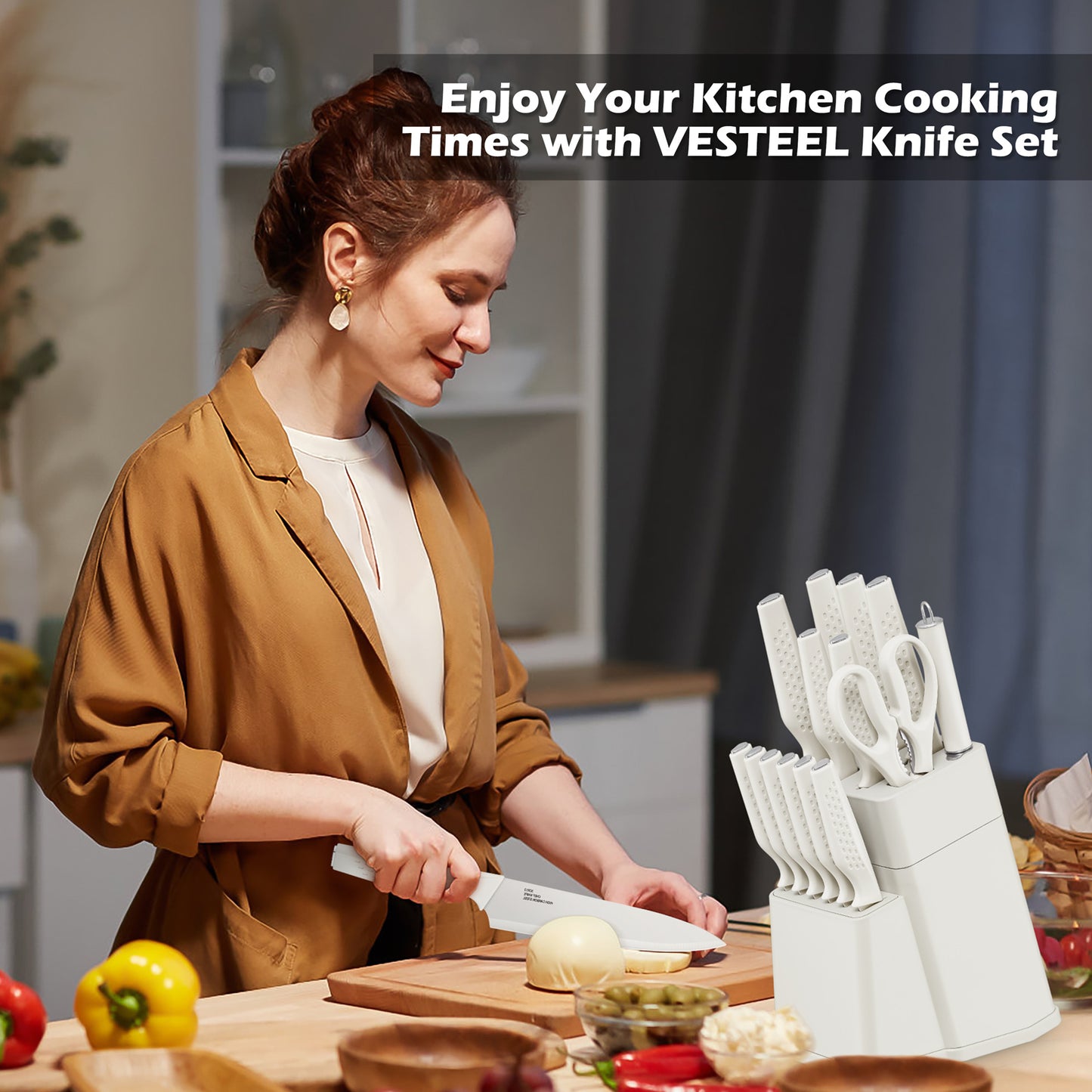 Vesteel Knife Block Set for Kitchen, 15-Piece High Carbon Stainless Steel Knives Set with Ergonomic Handle, Ultra-sharp & Rust Resistant, White