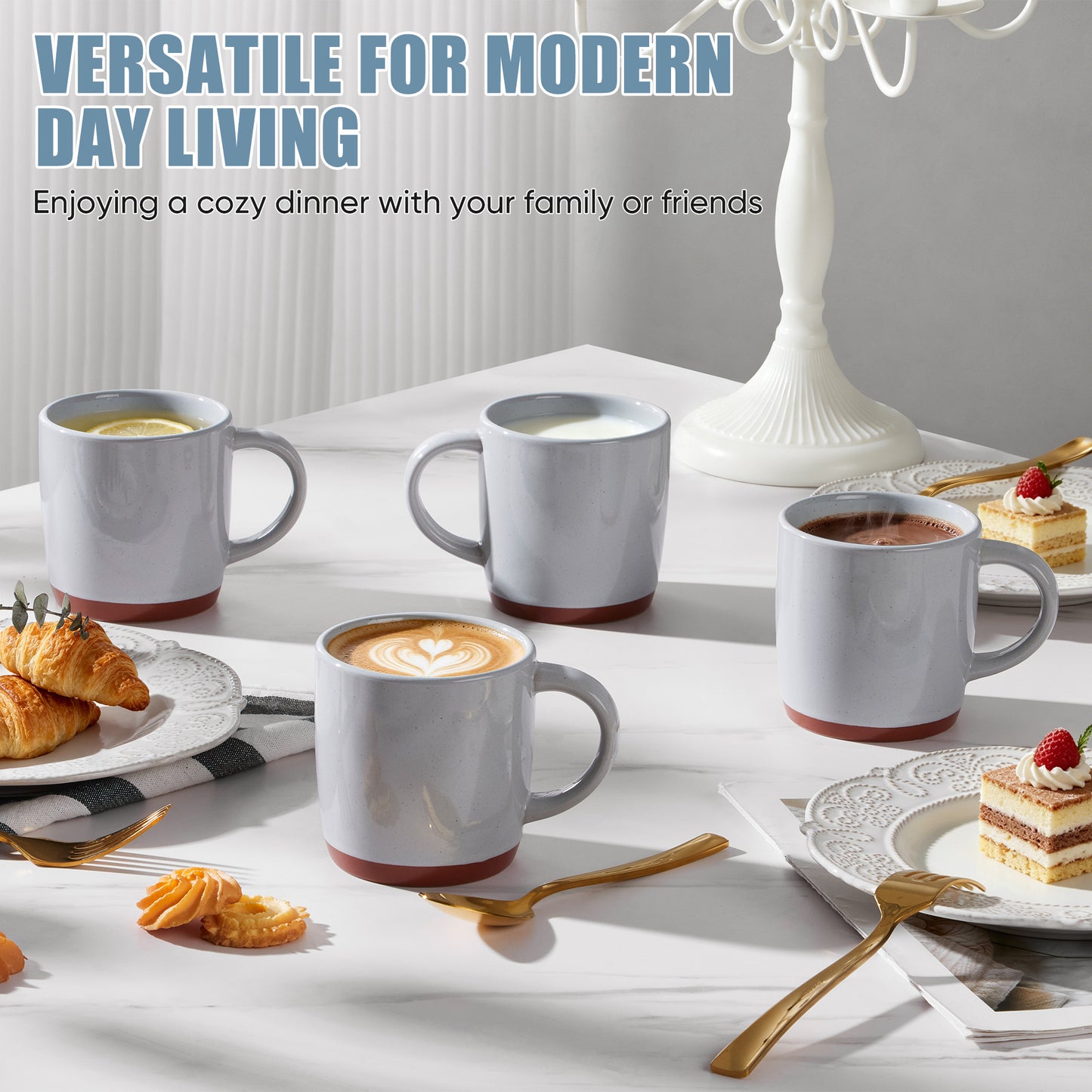 Vesteel Coffee Mugs Set of 4, 12oz Ceramic Coffee Cup with Handle, Modern Stoneware Mugs for Latte, Cappuccino, Cocoa, Dishwasher & Microwave Safe, Light Grey