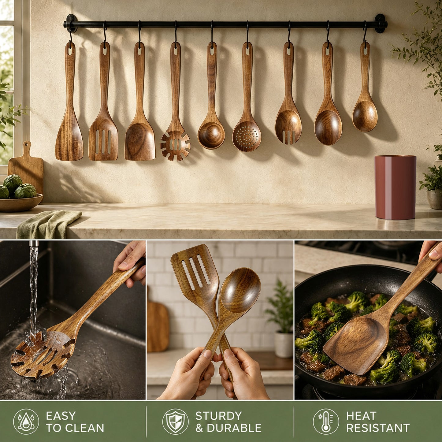 Vesteel 10-Piece Kitchen Utensil Set with Holder, Wooden Spoons for Cooking, Natural Acacia Wood Cooking Spoon Spatula Set, Heat-Resistant Kitchen Utensils Safe for Nonstick Cookware & Easy to Clean
