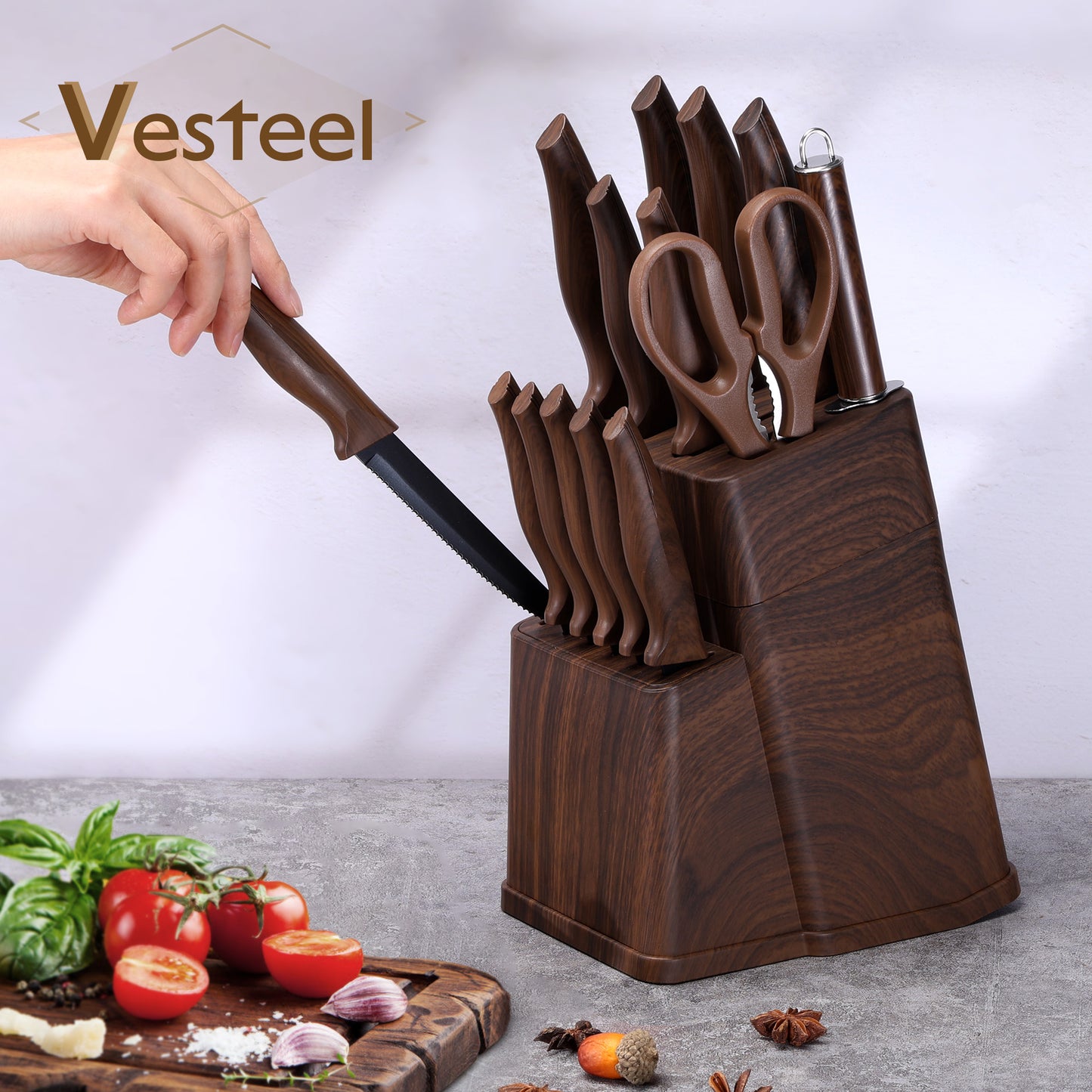 Vesteel Knife Set for Kitchen with Block, 15 Pcs Stainless Steel Kitchen Knives Set with Sharpener Kitchen Shears - Walnut Brown