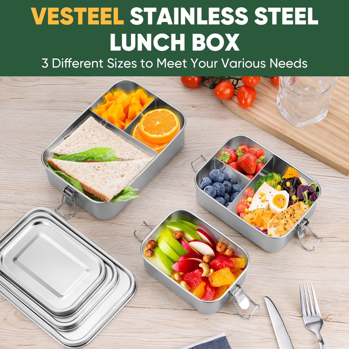 Vesteel Bento Box Set of 3 (47oz /29oz /18.6oz), Stainless Steel Lunch Box Metal Food Storage Container with Removable Dividers, Portable & Leak-Proof Meal Prep Container with 3 Compartment