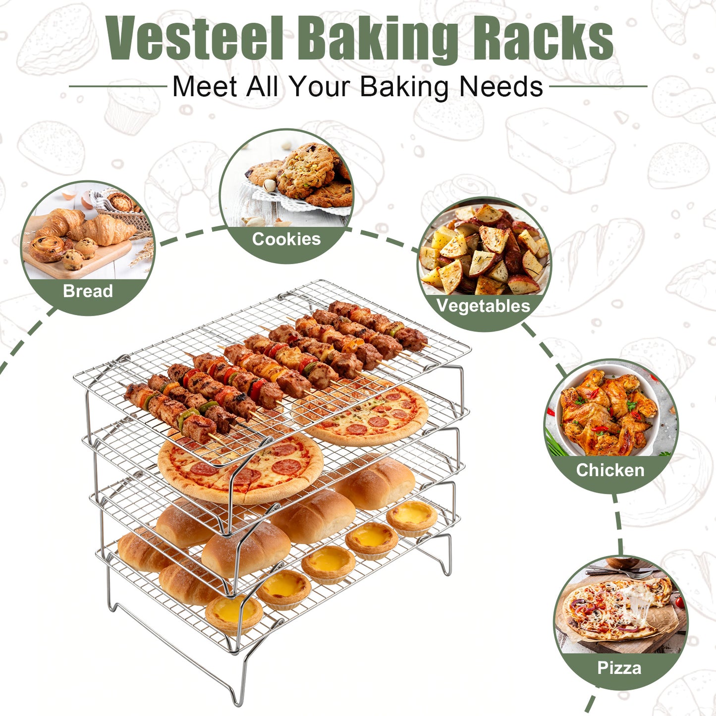 Vesteel 4-Tier Cooling Racks, Stainless Steel Stackable Grid Baking Racks, Collapsible Wire Racks for Cooking Grilling Roasting, Oven & Dishwasher Safe, 15’’ x 10’’