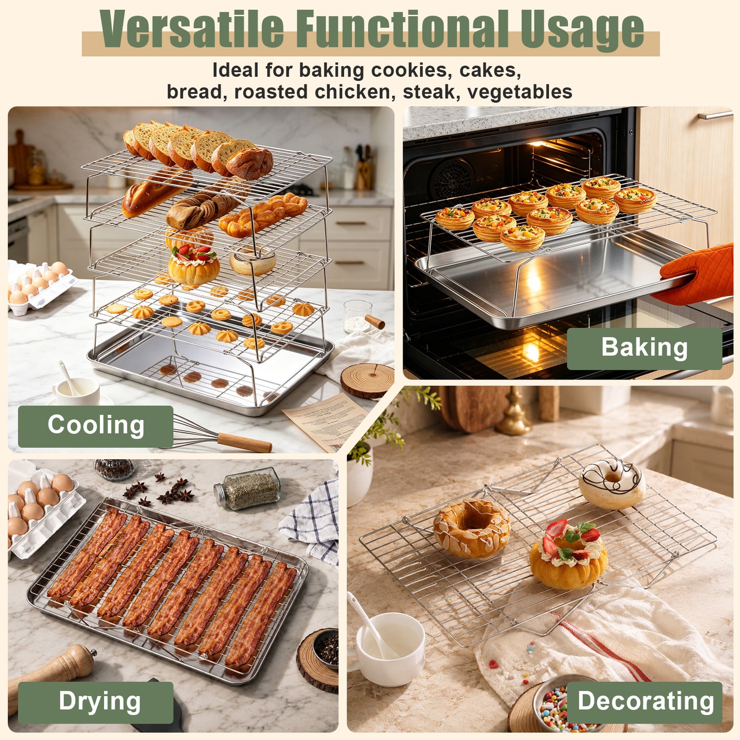 Vesteel 4-Tier Stainless Steel Cooling Racks, Stackable Baking Cooking Racks for Bread Cookie Cakes, Wire Racks with Folding Legs, Oven & Dishwasher Safe, 16.5’’ x 11.4’’