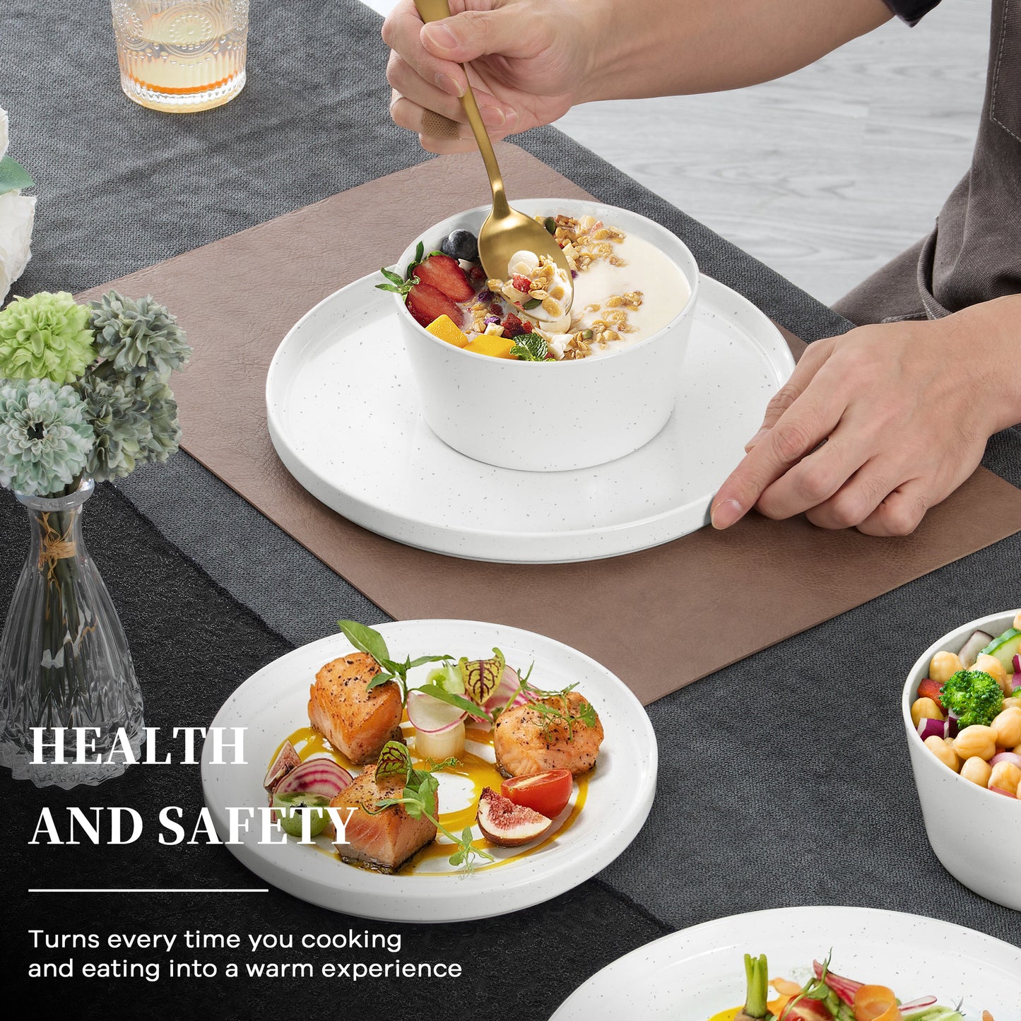 Vesteel Dinnerware Sets for 4, 12Pcs Stoneware Plates and Bowls Sets, Elegant Tableware set for Home Restaurant, Chip & Scratch Resistant Dishes Set , Speckle White