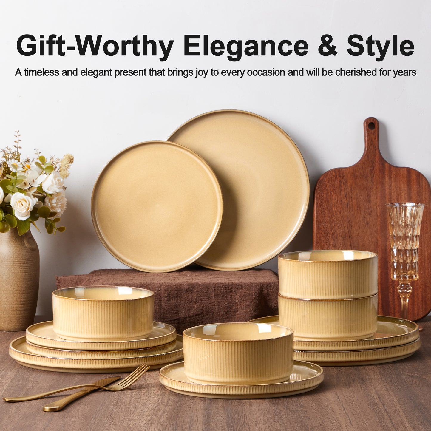 Vesteel Dinnerware Set for 4, 12-Piece Premium Stoneware Ribbed Dishes with Reactive Glaze, Chip & Scratch Resistant Plates and Bowls Set for Home Restaurant, Microwave and Dishwasher Safe - Khaki