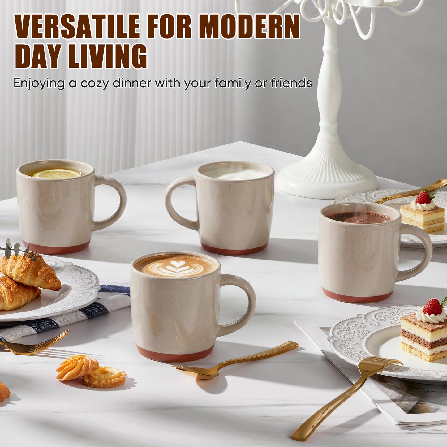 Vesteel Coffee Mugs Set of 4, 12oz Ceramic Coffee Cup with Handle, Modern Stoneware Mugs for Latte, Cappuccino, Cocoa, Dishwasher & Microwave Safe, Cappuccino Brown