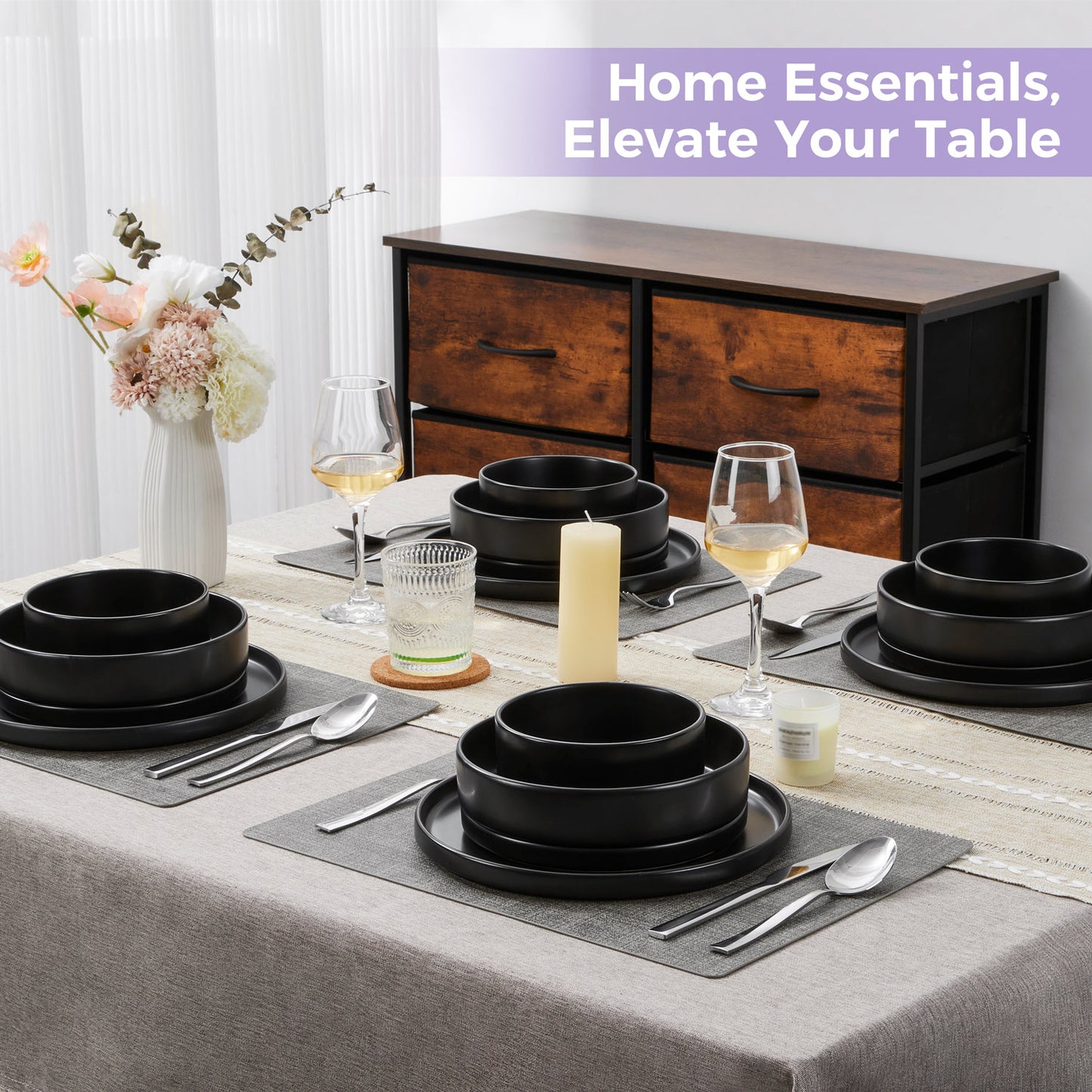 Vesteel 16 Pieces Dinnerware Sets, Premium Stoneware Dishes Set for 4, Speckled Plates and Bowls Set for Home Restaurant, Microwave and Dishwasher Safe - Matte Black