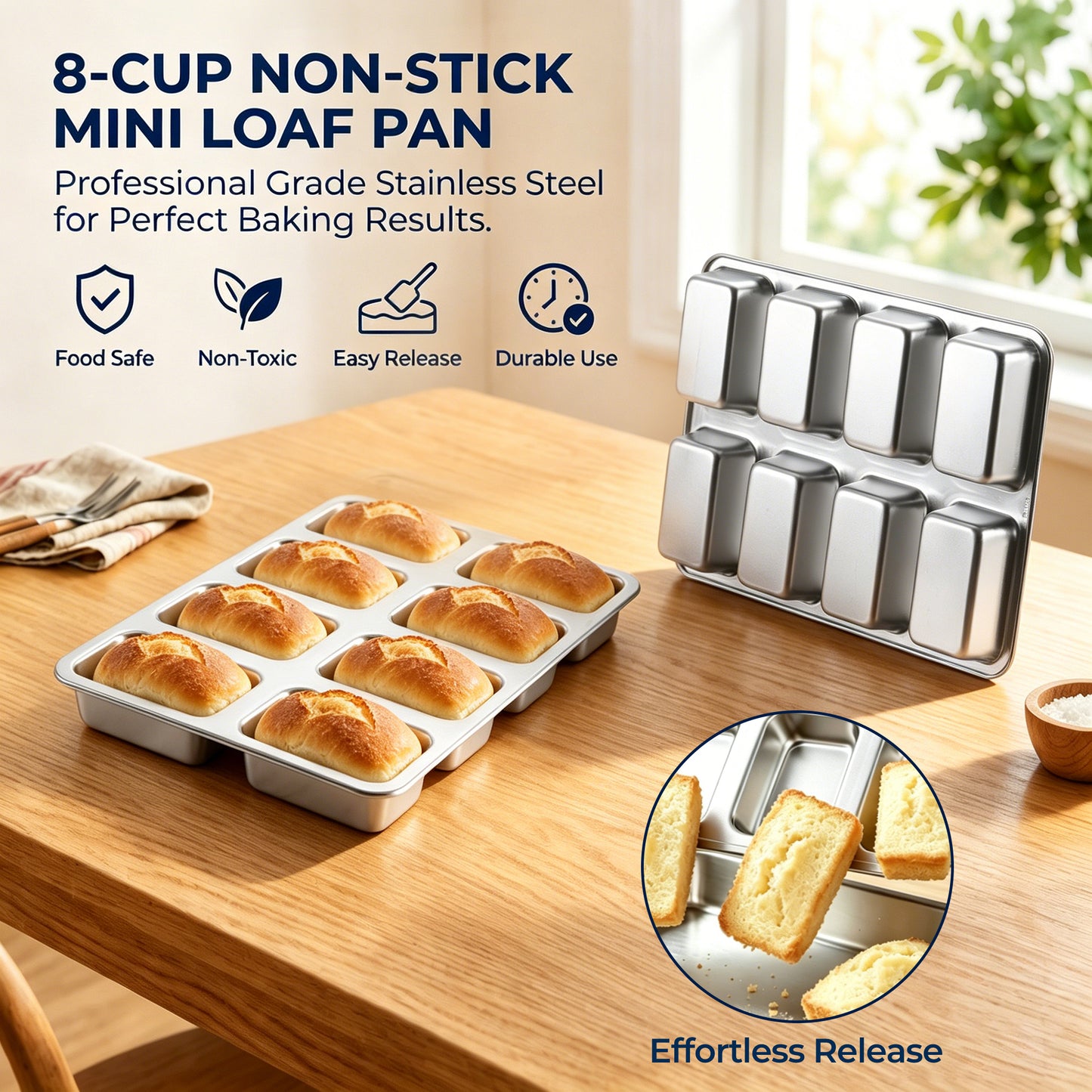 Vesteel Stainless Steel Mini Loaf Pan, 8-Cavity Small Bread Pan for Oven Baking, Rectangular Tiny Brownie Tin for Homemade Bread Cornbread, 11.8” X 8.5” X 1.2”, Dishwasher Safe