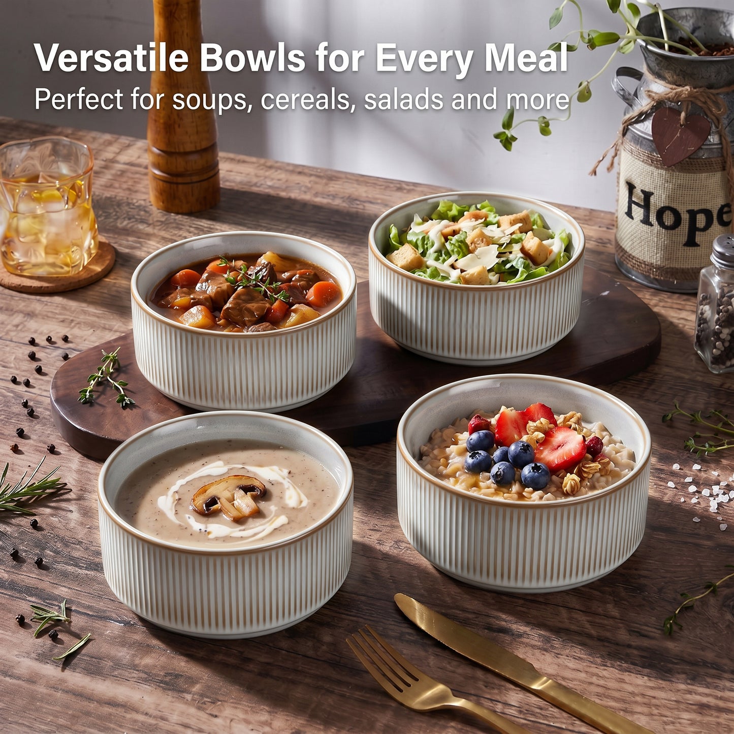 Vesteel Cereal Bowl for 4, 26oz Stoneware Soup Bowls with Textured Stripes, 4-Piece Ceramic Kitchen Bowls for Salad Fruit Pasta Soup, Dishwasher Safe & Microwave Safe, Seashell White