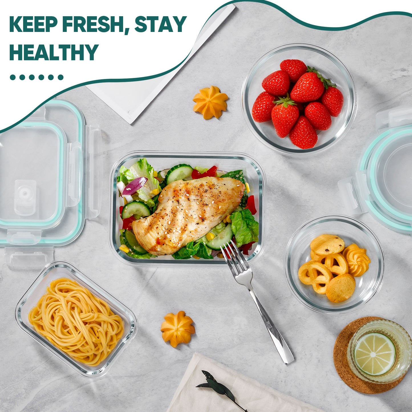 Vesteel 7 Pack Glass Food Storage Containers Set with Airtight Lid, Glass Meal Prep Containers with Vented Lid for Kitchen, BPA-Free Bento Lunch Box , Microwave, Freezer & Dishwasher Safe