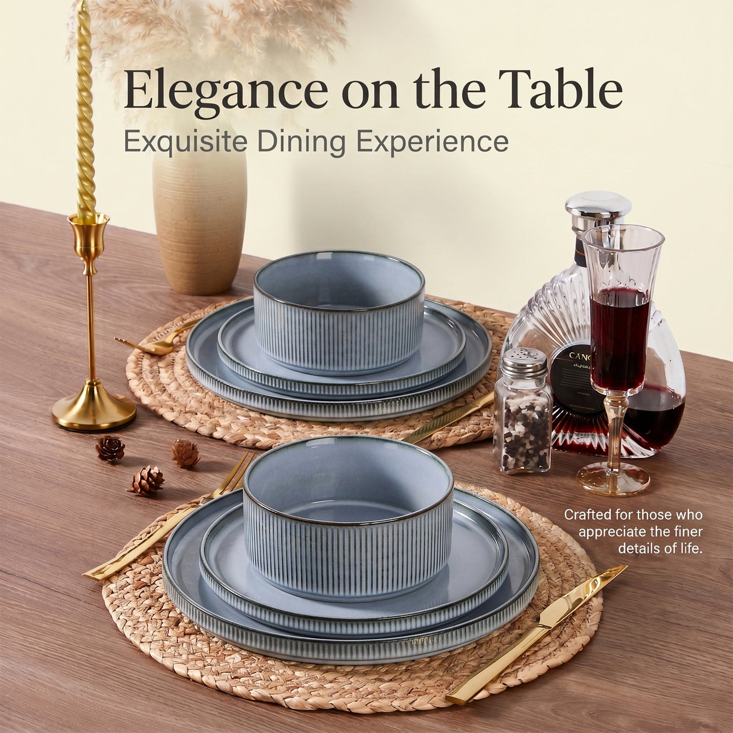 Onader 8-Piece Stoneware Dinnerware Set, Vertical Striped Reactive Glaze Plates and Bowls Sets for the Kitchen, Microwave & Dishwasher Safe, Smoke Gray