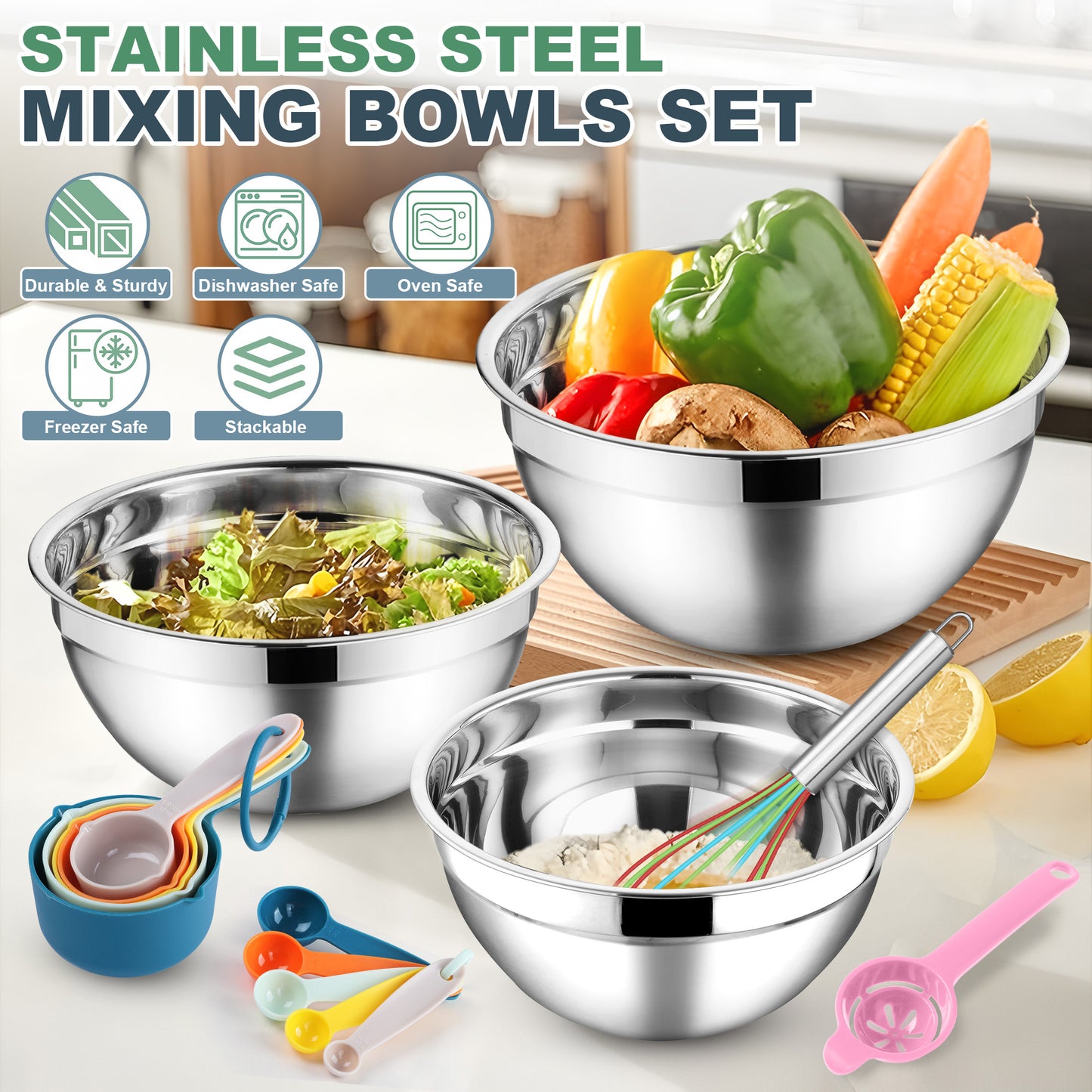 Vesteel 35PCS Mixing Bowls with Lids Set, Stainless Steel Nesting Salad Prep Bowls Attach with 3 Graters & Kitchen Utensils for Mixing Serving Grating, Size 4.5/3.5/3/2.5/1.5/1.2/0.7 QT, Multi-color