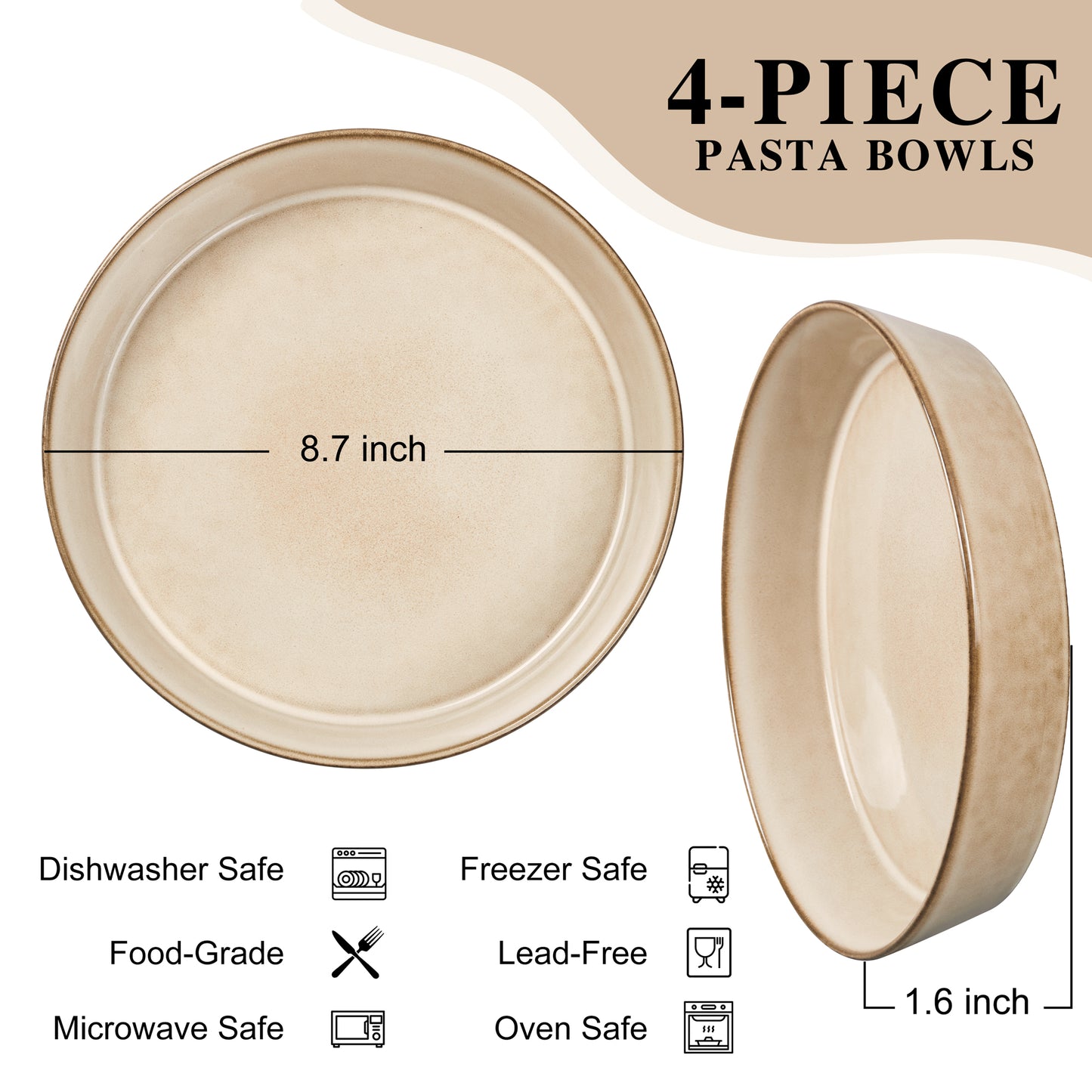 Vesteel Pasta Bowls Set of 4, 34oz Salad Plates for Home Kitchen, Double Reactive Glaze Large Wide Ceramic Bowls for Serving Dinner, Microwave & Dishwasher Safe, Khaki