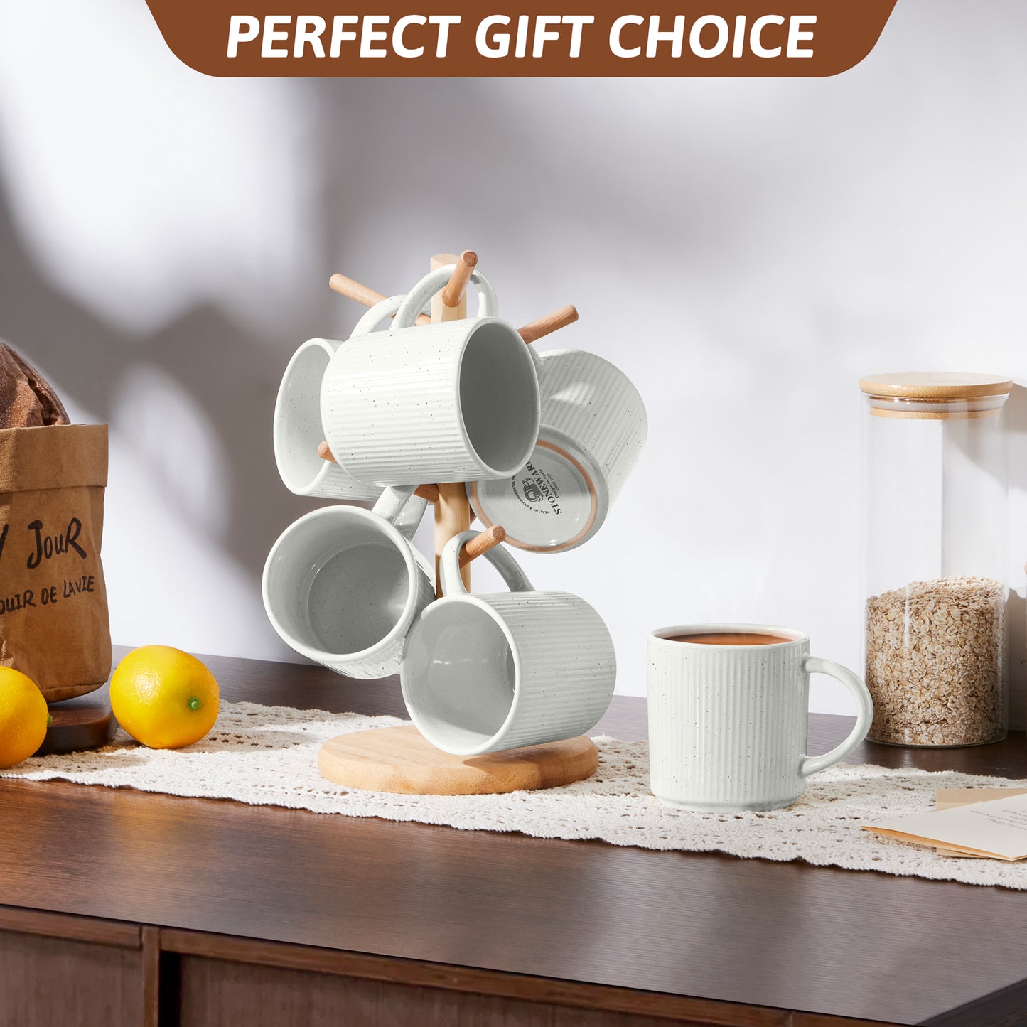 Vesteel Ceramic Coffee Mug Set of 6, 12 Ounce Porcelain Stoneware Mug with Handles, Catering Coffee Cups for Coffee, Tea, Hot Cocoa, Milk, Microwave and Dishwasher Safe, Speckled White