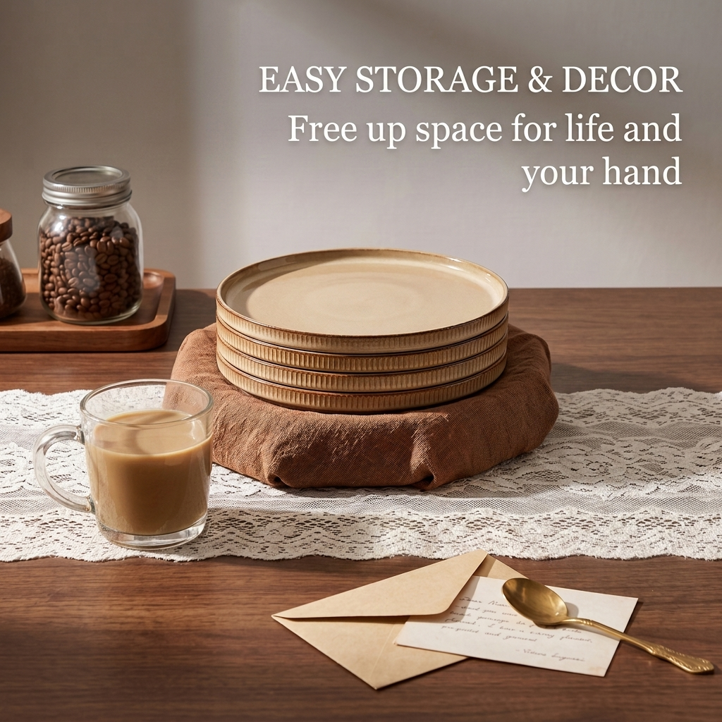 Vesteel Salad Plate for 4, 8 inch Stoneware Dinner plates with Textured Stripes, 4-Piece Ceramic Kitchen Plates for Dessert Salad, Dishwasher Safe & Microwave Safe, Khaki