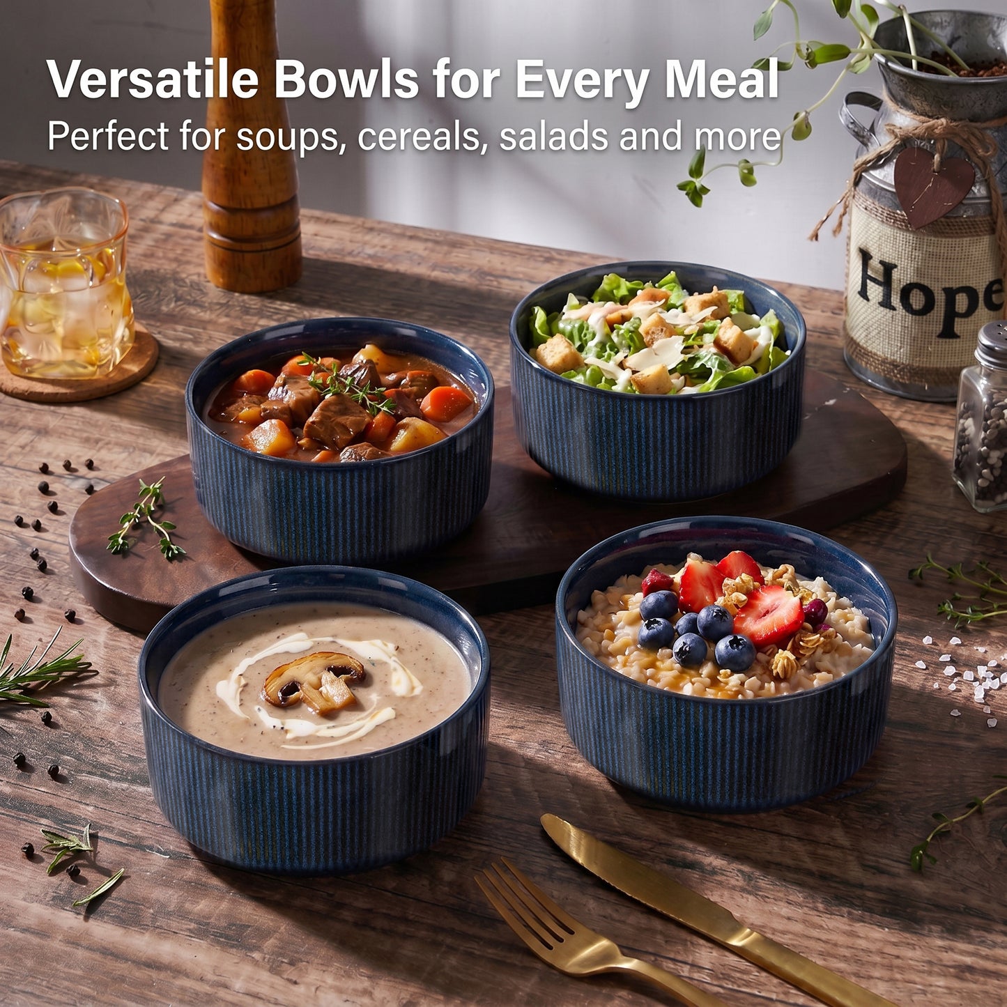 Vesteel Cereal Bowl for 4, 26oz Stoneware Soup Bowls with Textured Stripes, 4-Piece Ceramic Kitchen Bowls for Salad Fruit Pasta Soup, Dishwasher Safe & Microwave Safe, Ocean Blue