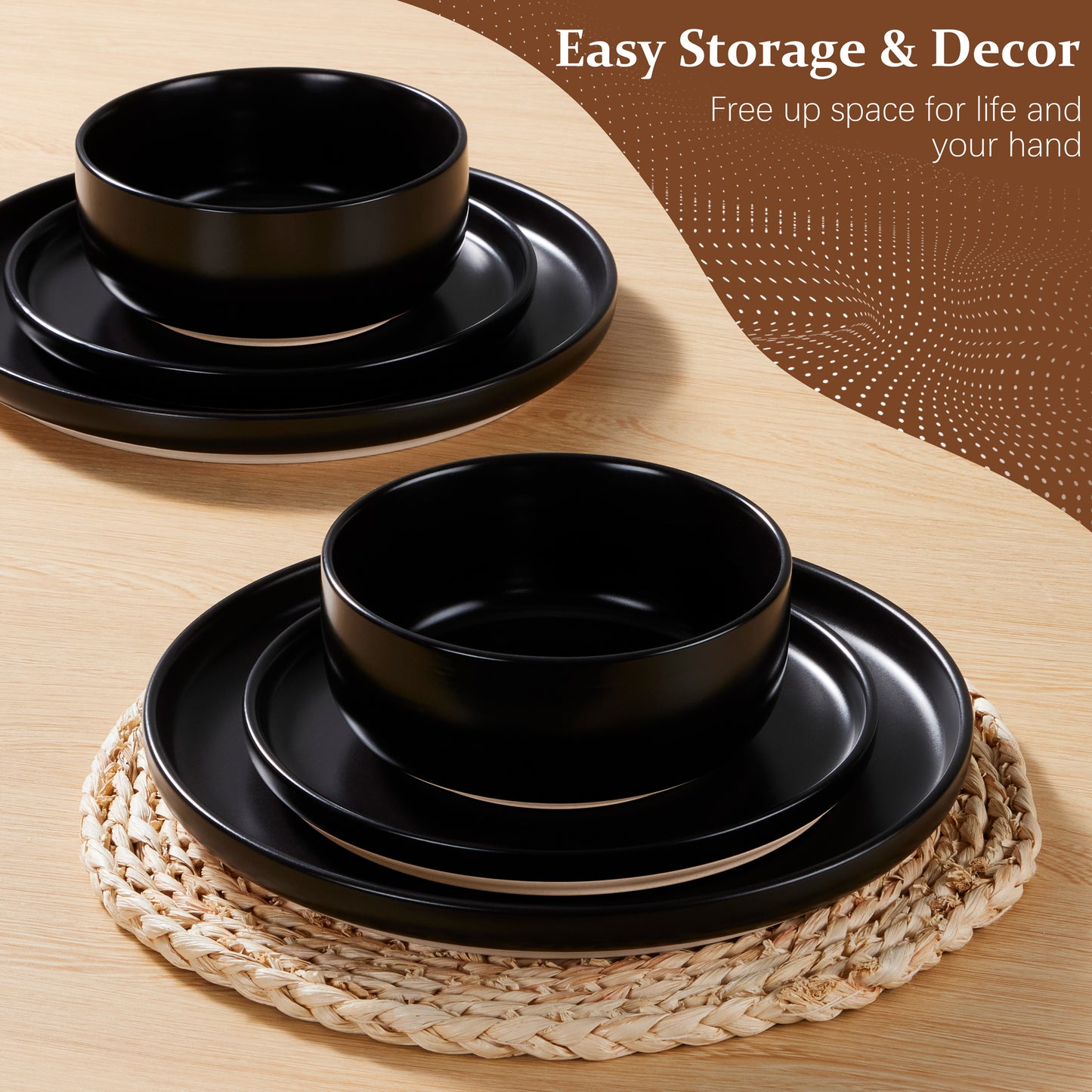 Vesteel Stoneware Dinnerware Sets for 2, 6 Pieces Ceramic Plates and Bowls Sets, Elegant Dishes with Rustic Terracotta Base, Dishwasher & Microwave Safe, Scratch Resistant, Matte Black