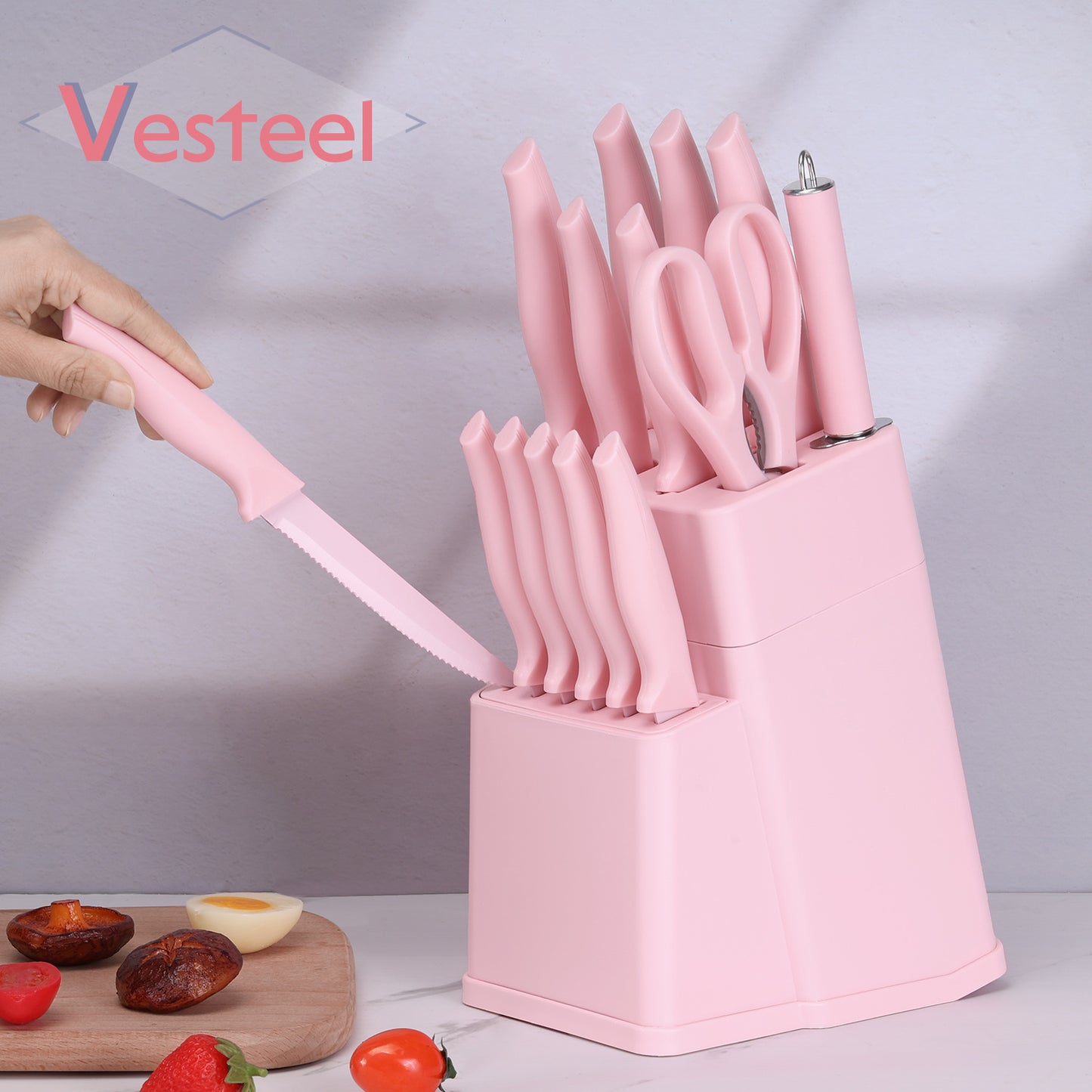 Vesteel Knife Set for Kitchen with Block, 15 Pcs Stainless Steel Kitchen Knives Set with Sharpener Kitchen Shears - Pink
