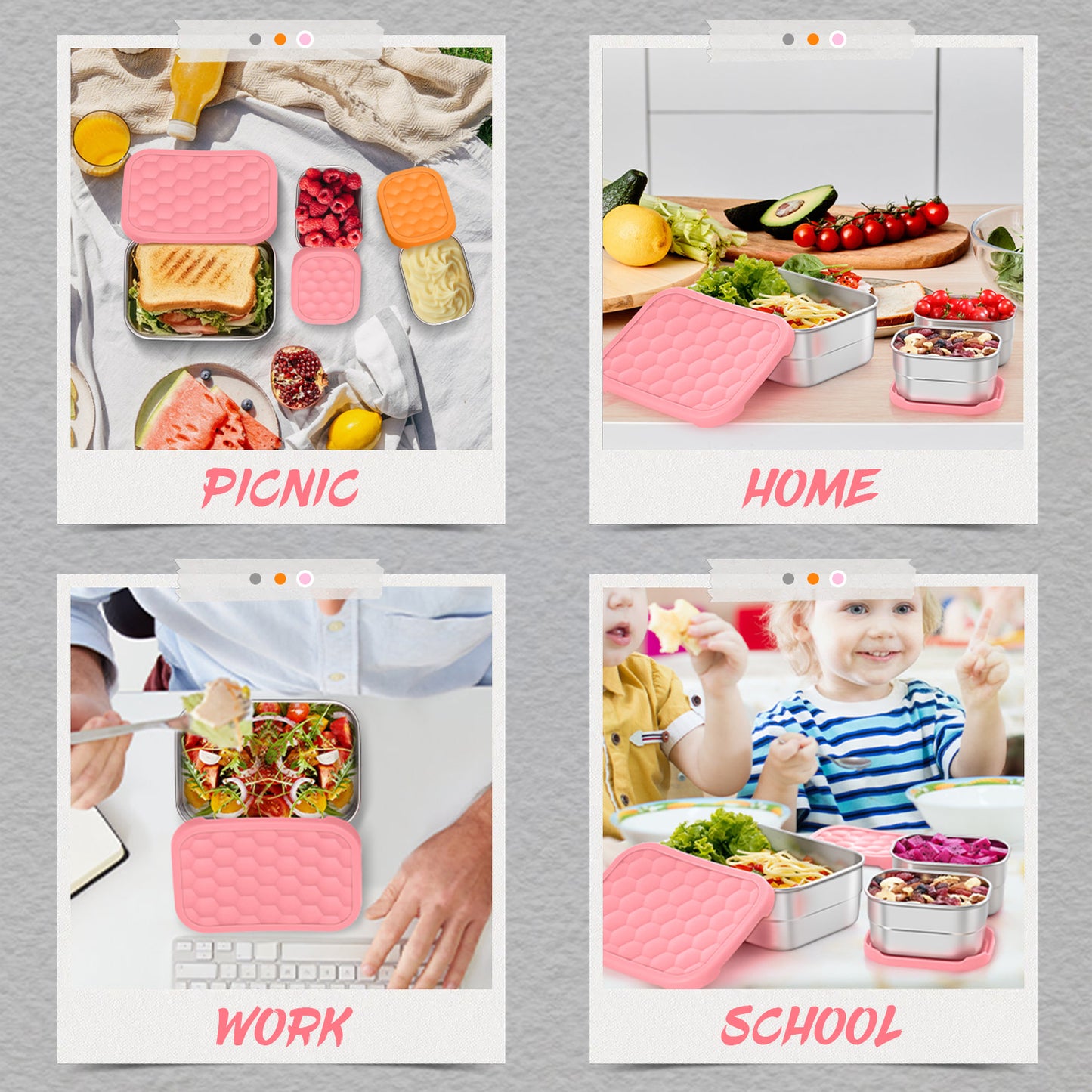 Vesteel Stainless Steel Lunch Container Set, Leak Proof Bento Box with Silicone Lids, Portable Metal Lunch Box for School and Daycare(25OZ + 8OZ*2), Pink