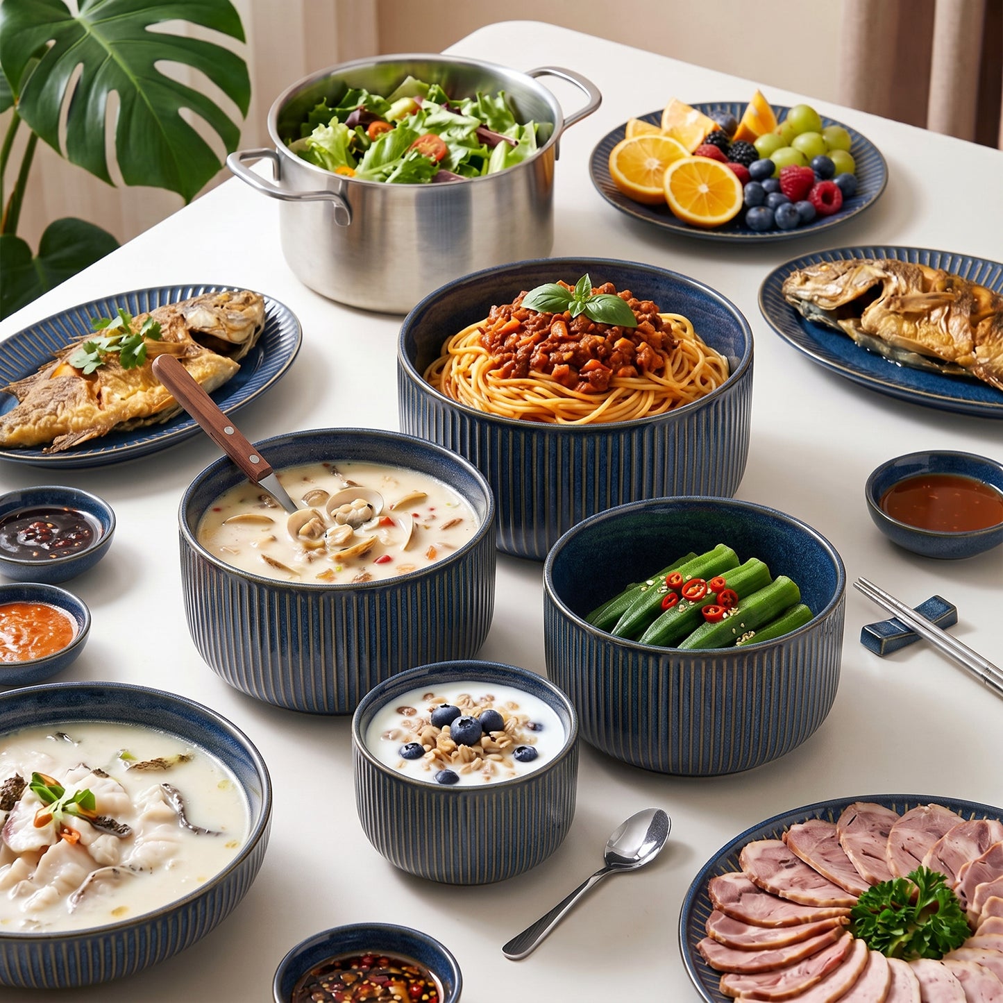 Onader 8-Piece Ceramic Bowls with Lid, Mixing Bowls Set of 4 for Kitchen Meal Prep Food Storage Leftover, Stoneware Serving Bowl for Cooking Baking, Starry Blue