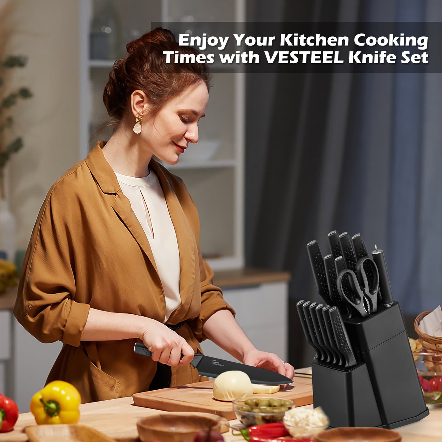 Vesteel Knife Block Set for Kitchen, 15-Piece High Carbon Stainless Steel Knives Set with Ergonomic Handle, Ultra-sharp & Rust Resistant, Black