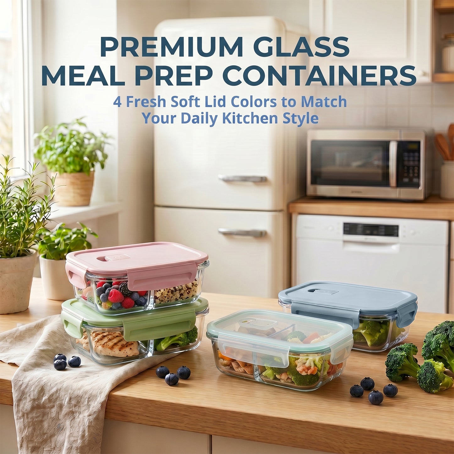 Vesteel 4 Pack Glass Meal Prep Containers, Lunch Bento Boxes with Snap Locking Lid, 24 oz/710 ml Food Storage Containers with 2 Compartments, Oven, Freezer, Microwave & Dishwasher Safe