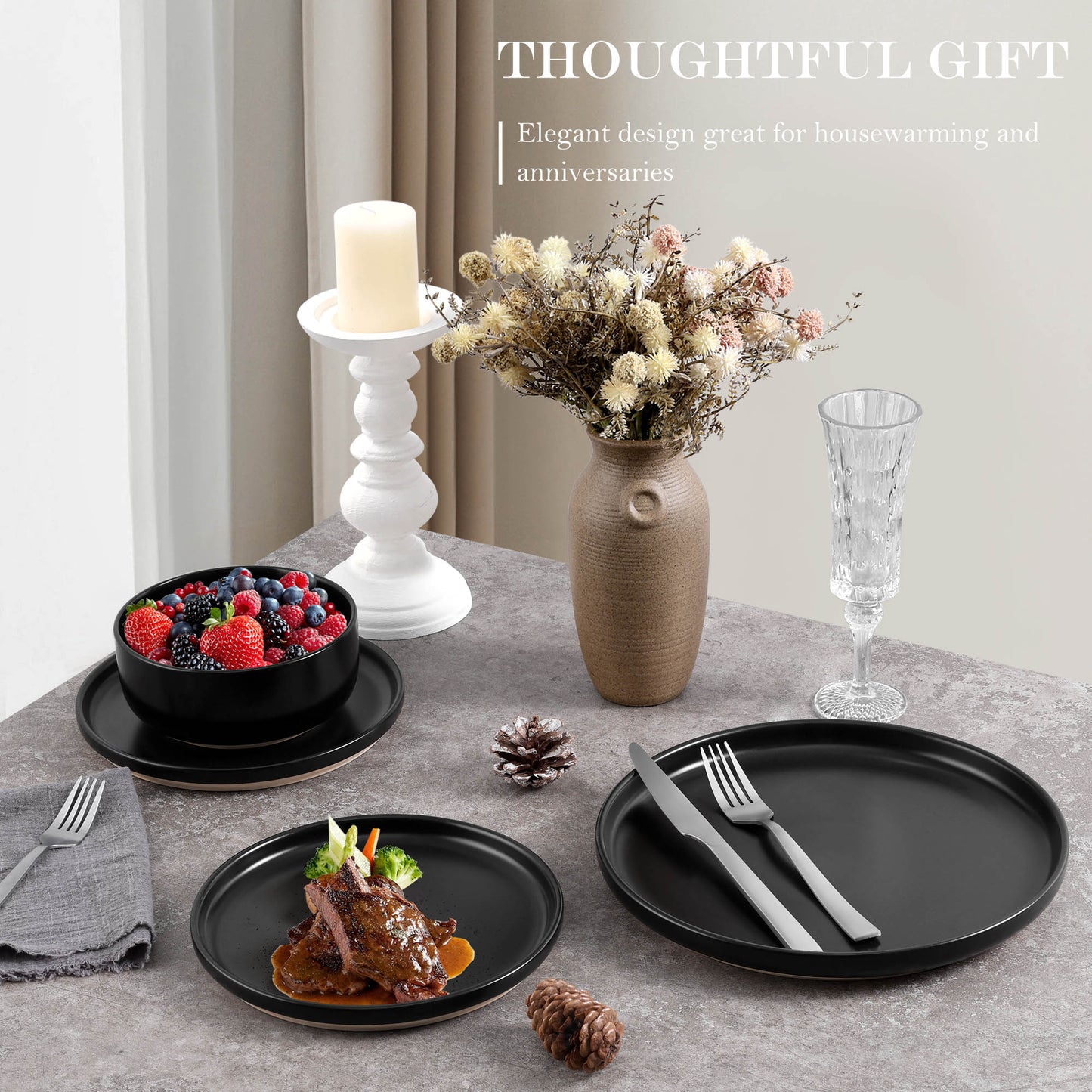 Vesteel 12-Piece Dinnerware set, Ceramic Plates and Bowls set for 4, Speckled Stoneware Dishes Set for Family, Microwave & Dishwasher Safe - Matte Black