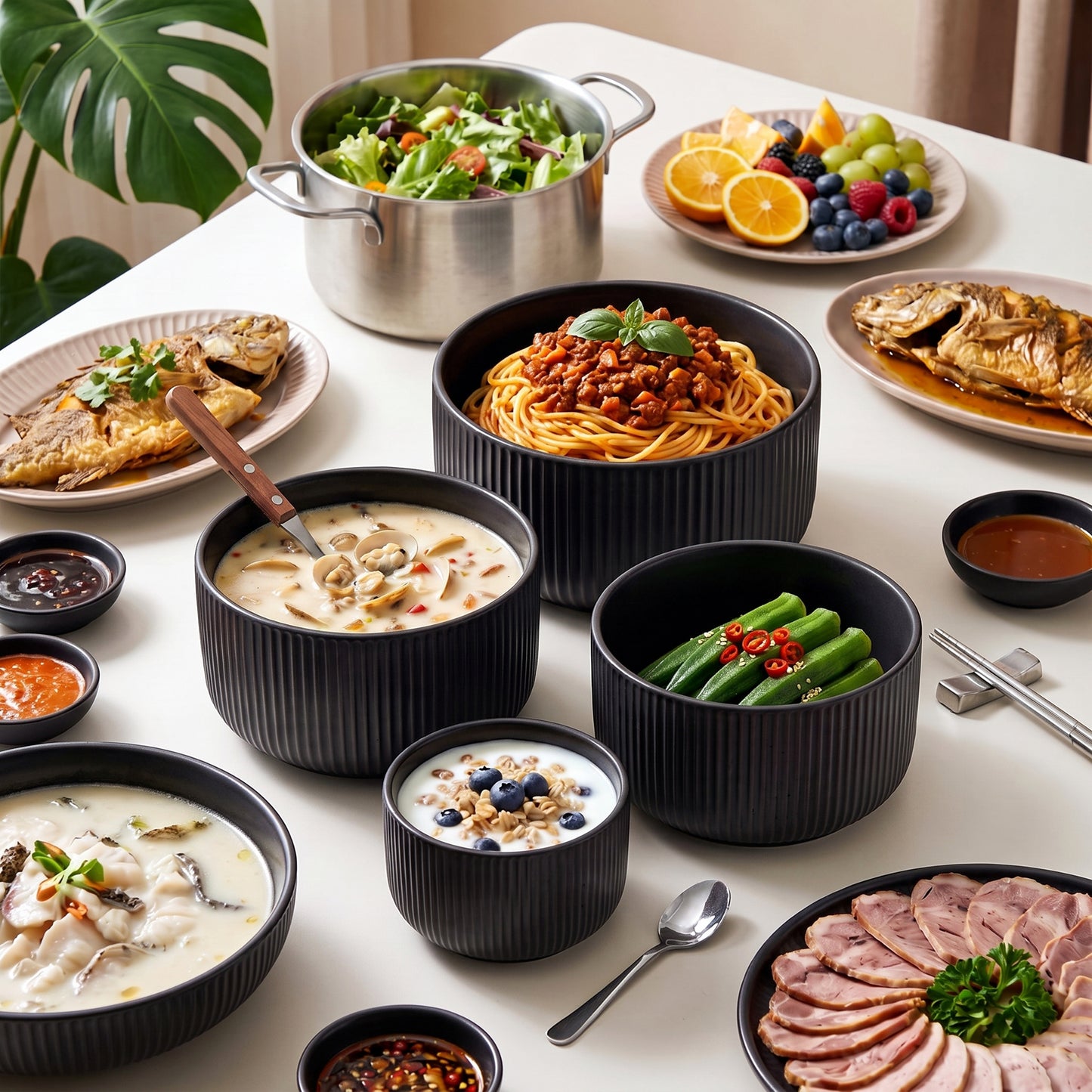 Onader 8-Piece Ceramic Bowls with Lid, Mixing Bowls Set of 4 for Kitchen Meal Prep Food Storage Leftover, Stoneware Serving Bowl for Cooking Baking, Matte Black