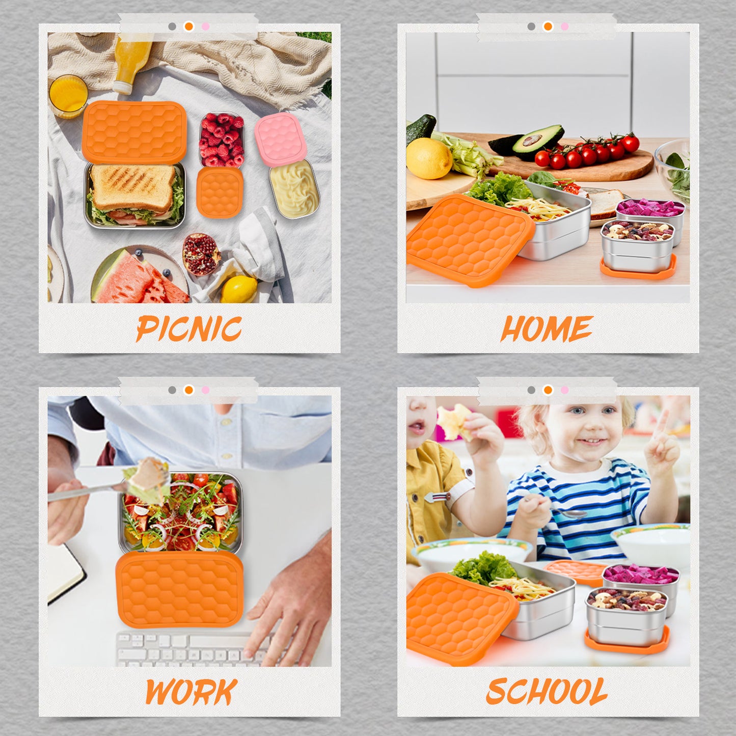 Vesteel Stainless Steel Lunch Container Set, Leak Proof Bento Box with Silicone Lids, Portable Metal Lunch Box for School and Daycare(25OZ + 8OZ*2), Orange