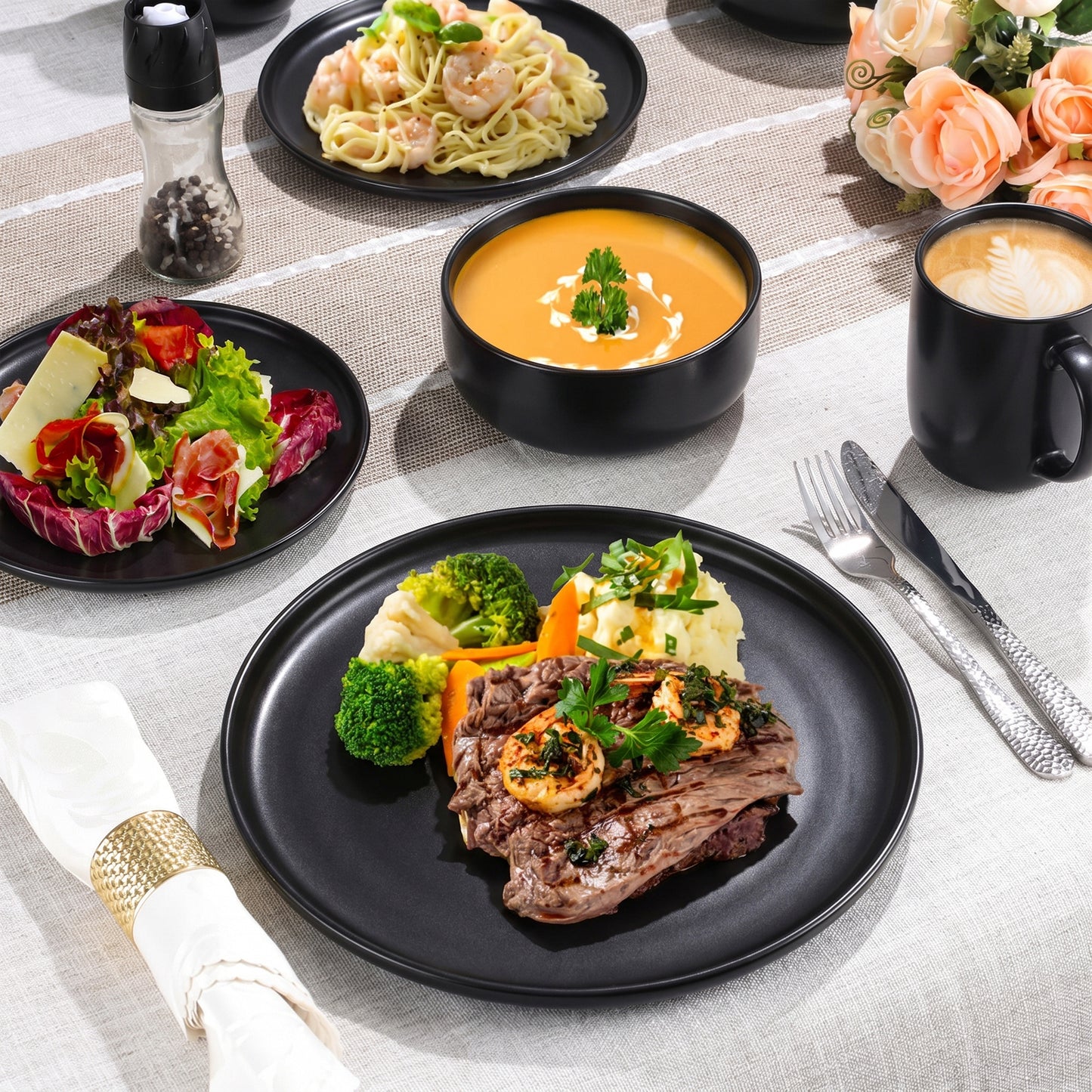 Onader 12 Piece Dinnerware Sets, Plates and Bowls Set for 4, Premium Stoneware Dishes Sets for Home Restaurant, Dishwasher & Microwave Safe - Matte Black