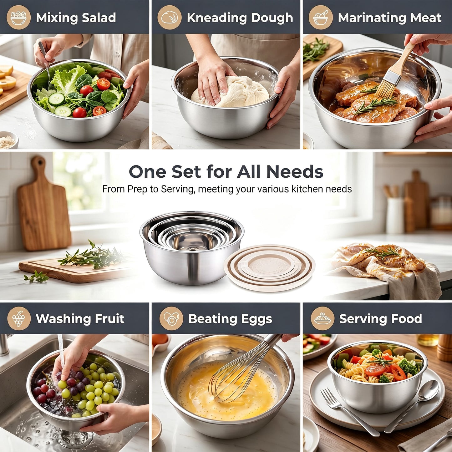 Vesteel Stainless Steel Mixing Bowls, 5 Piece Metal Nesting Bowls with Airtight Lids, Stackable Salad Bowls for Baking, Prepping & Serving, Dishwasher Safe, 5/3/1.7/1.2/0.8 QT, Khaki