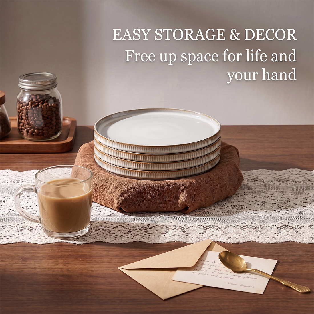 Vesteel Salad Plate for 4, 8 inch Stoneware Dinner plates with Textured Stripes, 4-Piece Ceramic Kitchen Plates for Dessert Salad, Dishwasher Safe & Microwave Safe, Seashell White