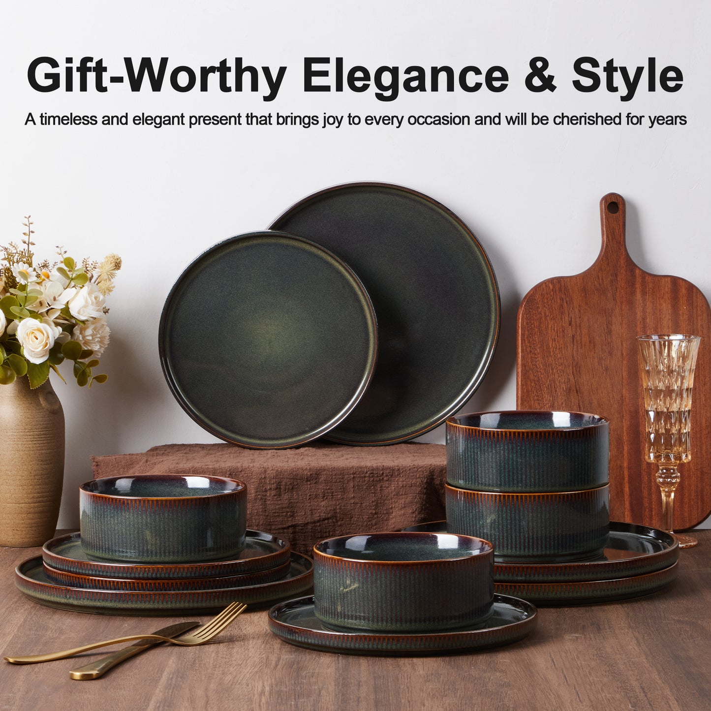 Vesteel Dinnerware Set for 4, 12-Piece Premium Stoneware Ribbed Dishes with Reactive Glaze, Chip & Scratch Resistant Plates and Bowls Set for Home Restaurant, Microwave and Dishwasher Safe - Green