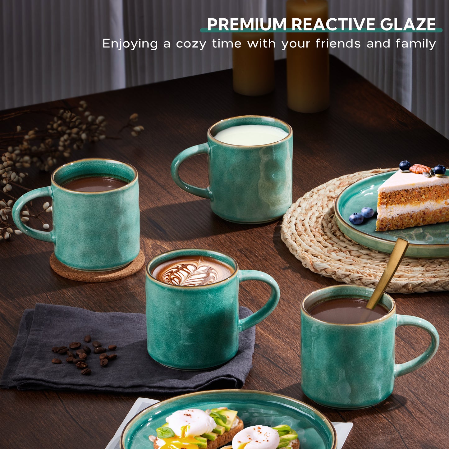 Vesteel Coffee Cups Set of 4, 14oz Ceramic Mugs Set with Handles, Porcelain Mug for Latte Tea Beer Hot Cocoa, Dishwasher & Microwave Safe, Jade Green