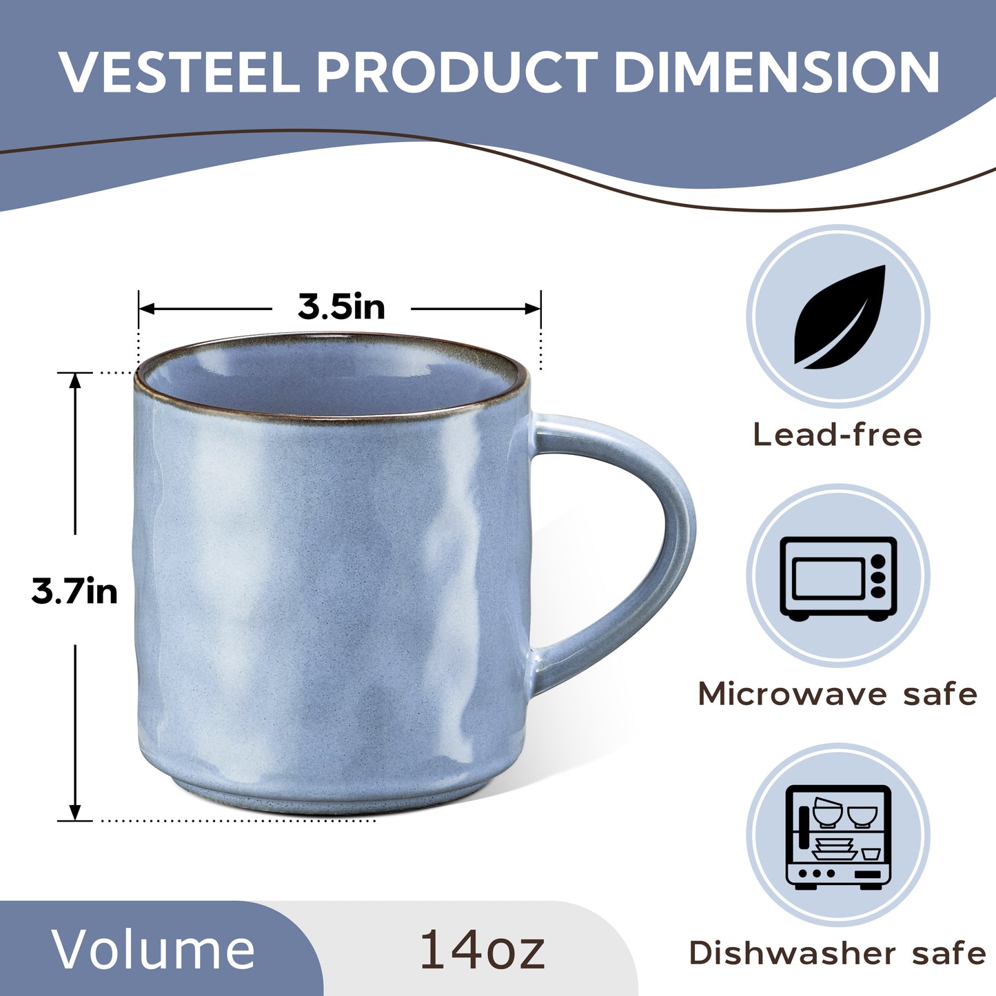 Vesteel Coffee Cups Set of 4, 14oz Ceramic Mugs Set with Handles, Porcelain Mug for Latte Tea Beer Hot Cocoa, Dishwasher & Microwave Safe, Uranus Blue